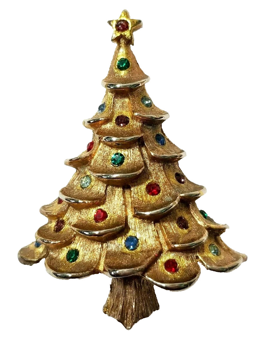 RHINESTONE CHRISTMAS TREE PIN DARKENED GOLD TONE VINTAGE CLASSIC