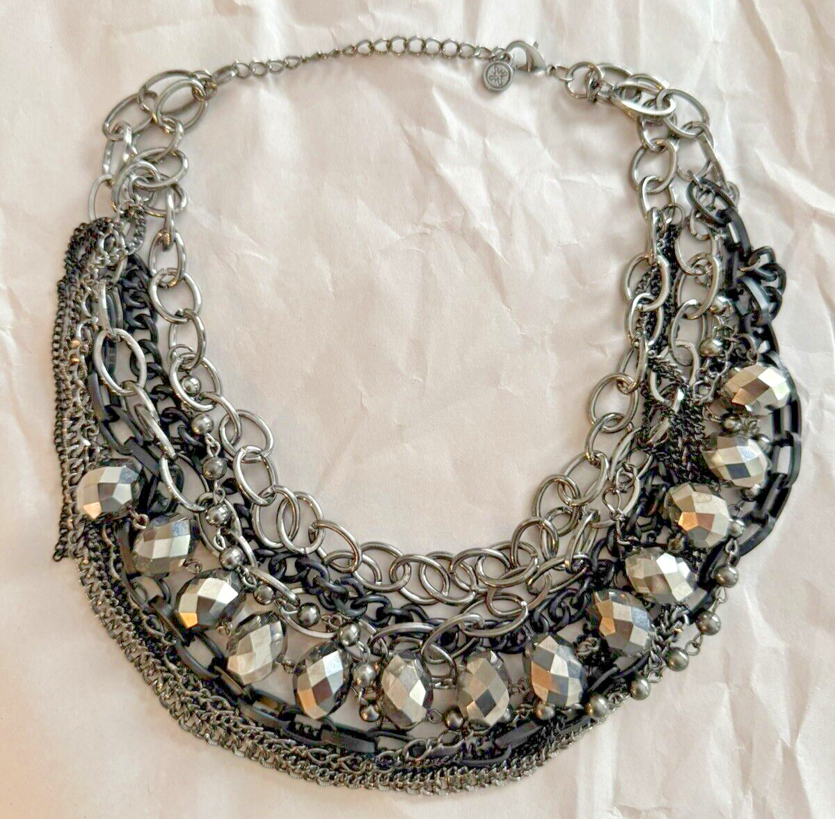Dramatic Layered Statement 21” Gunmetal Silver and Black Trendy Chain and Bead
