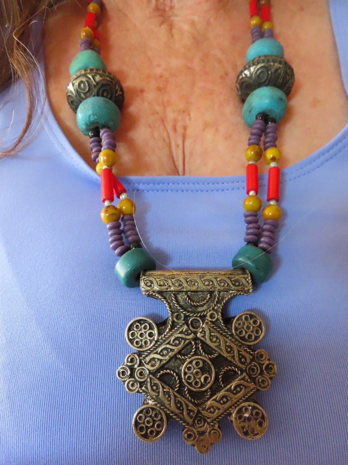 Vintage 1980’s Berber Cross Multi Bead Necklace WAY Interesting