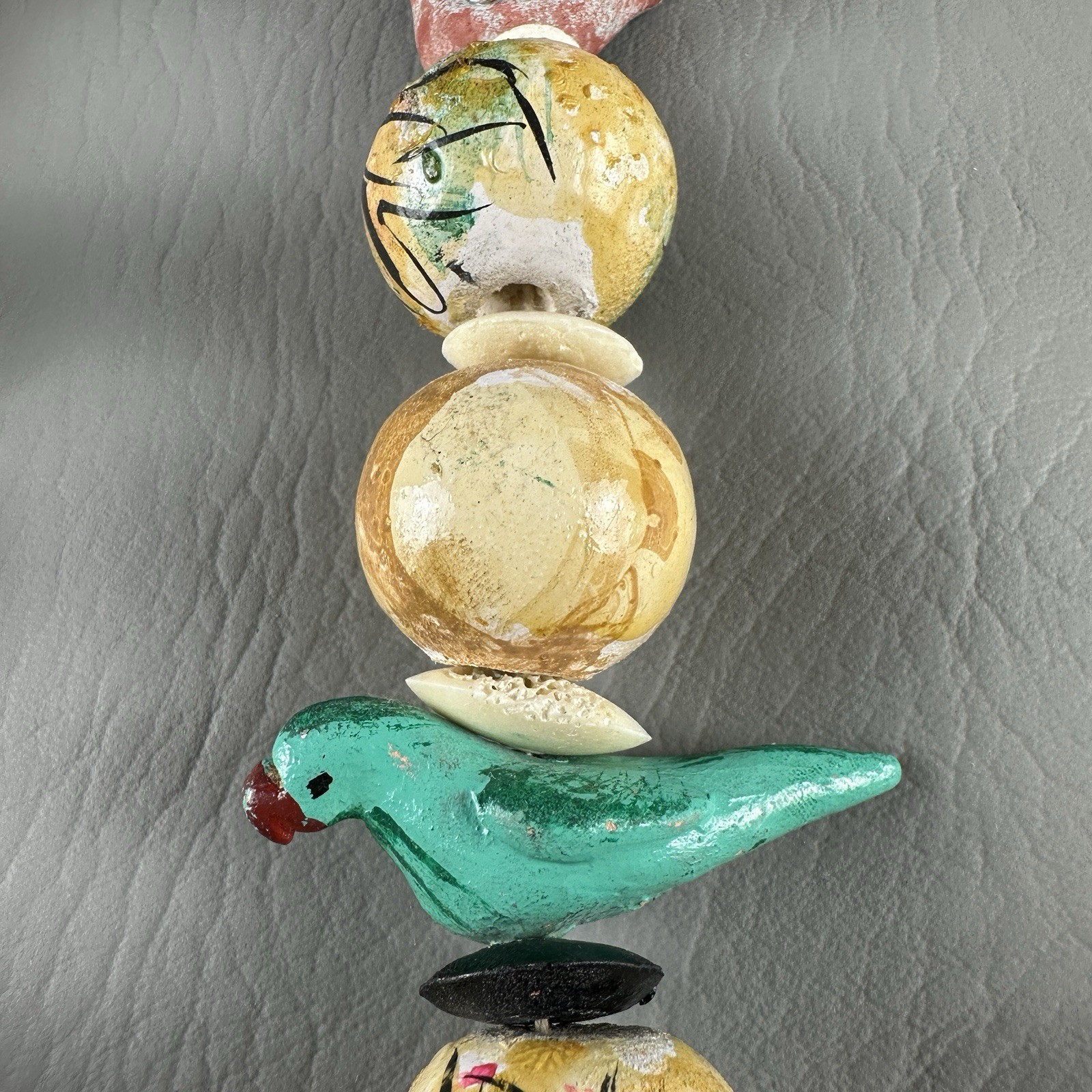 Vintage Hand Painted Necklace Bird Bead Artisan Wood 27”