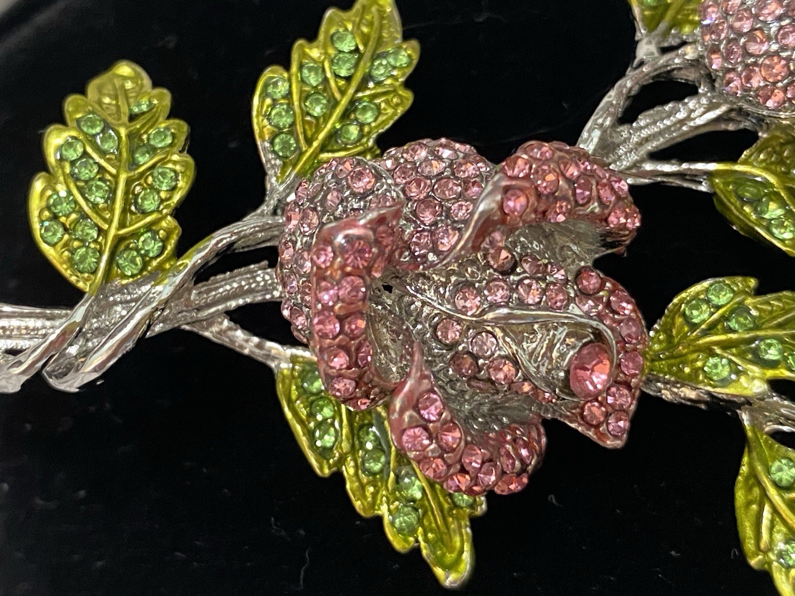 Stunning Large Vintage Pink And Green Sparkling Stones Flower Brooch