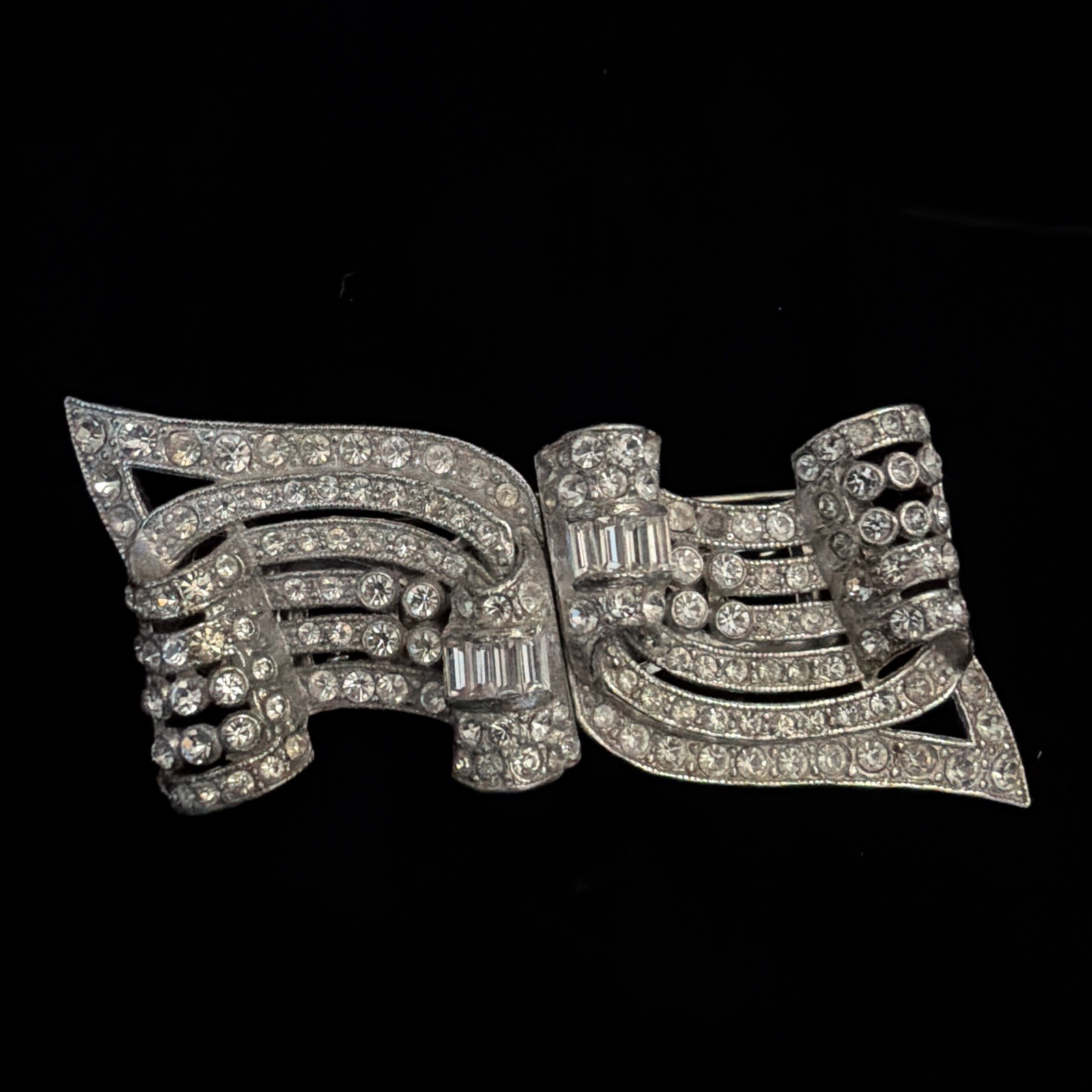 Vintage Coro Duette Art Deco Convertible Brooch Pin Silver Clear Rhinestone Pin
