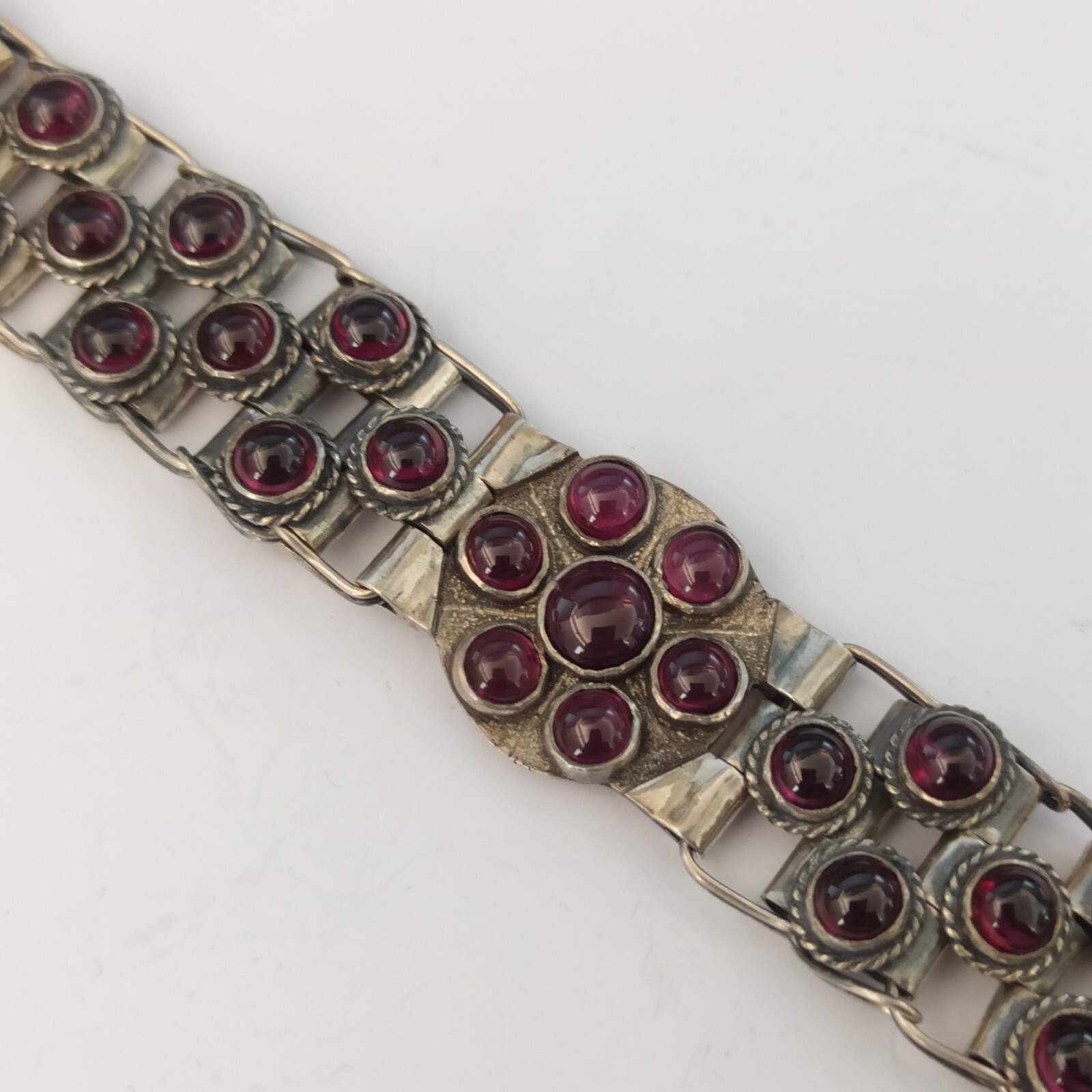 Vintage Garnet Bracelet 925 Silver Wide Statement Artisan GI OOAK Ethnic Boho