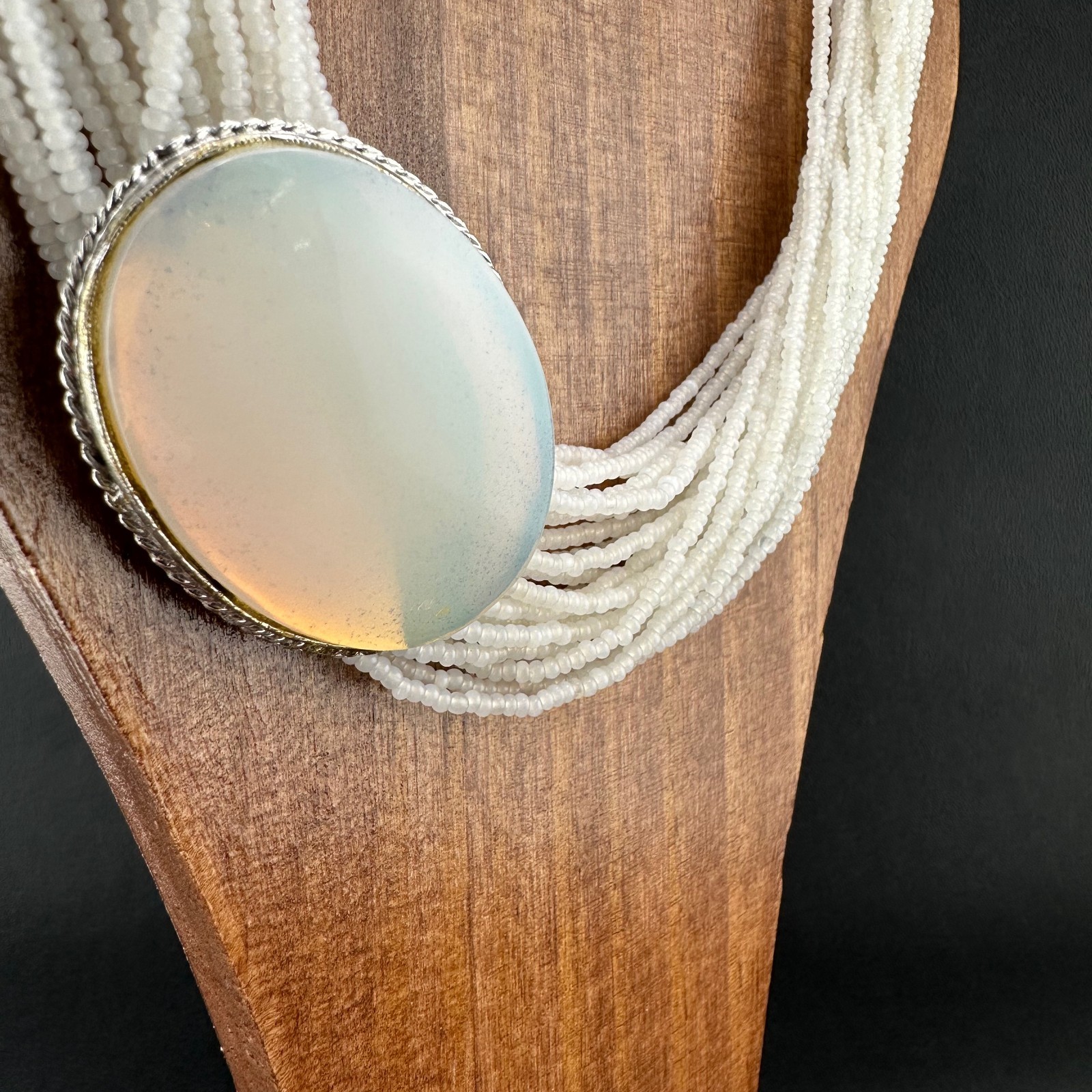 Vintage Seed Bead Opalite Necklace Multi Strand Large Oval Station Pendant 17″