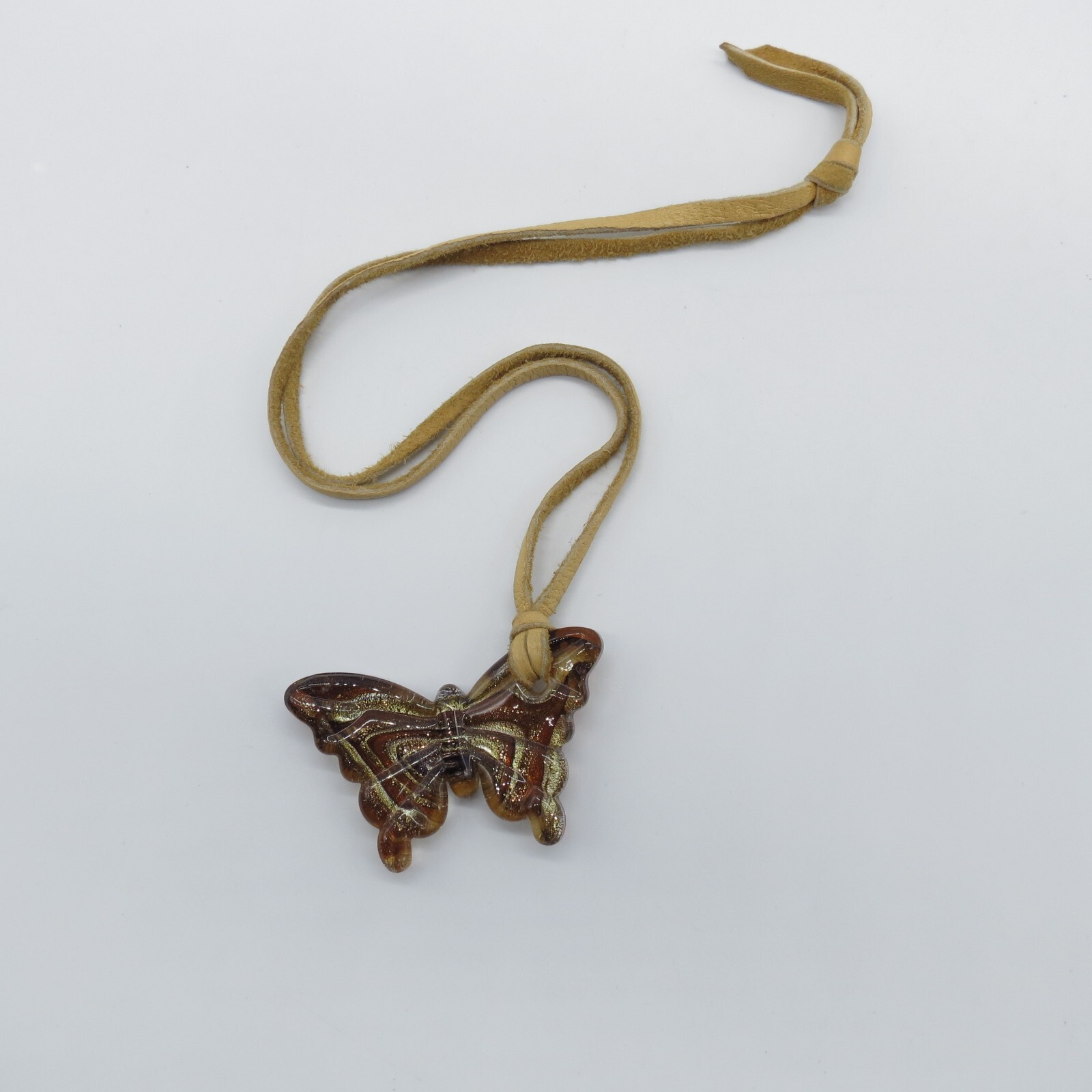 Art Glass Butterfly Pendant Necklace Brown Yellow Gold Foiled Glass 22″