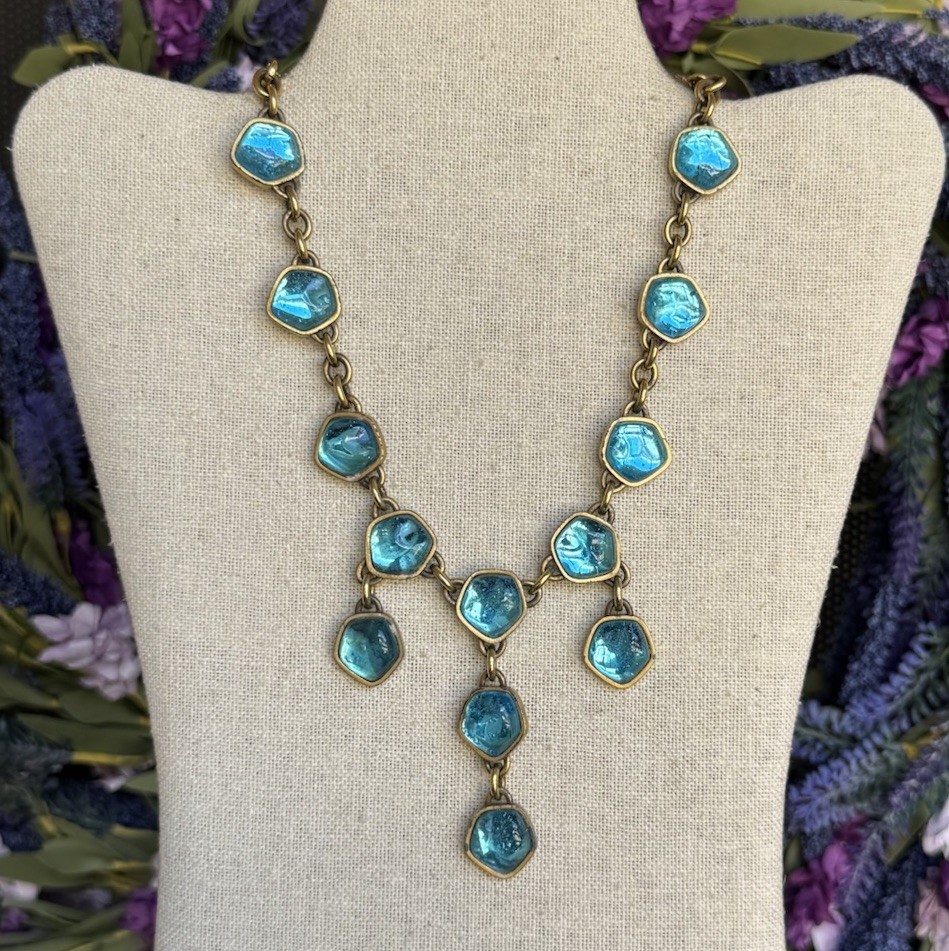 Vintage YSL Yves Saint Lauren Turquoise Blue Cabochon Chain Dangle Necklace 16”