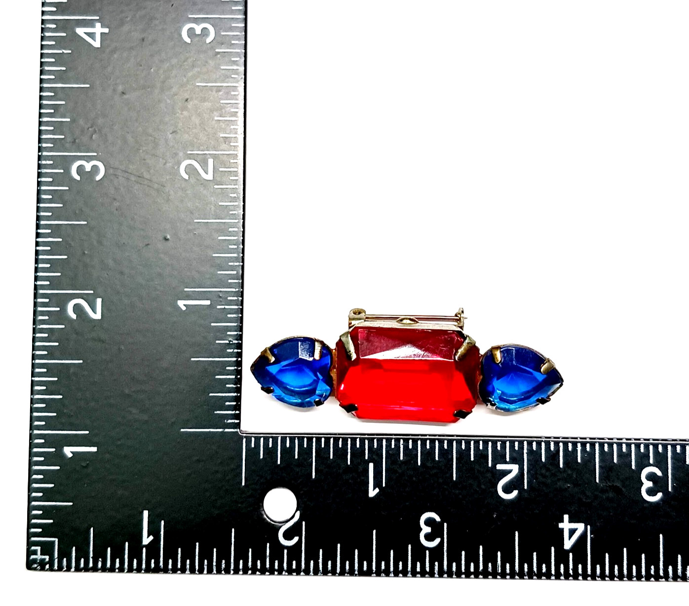 Old Vtg Lucite Acrylic Stone Bar Brooch Blue Hearts Red Rectangle C Hook Clasp