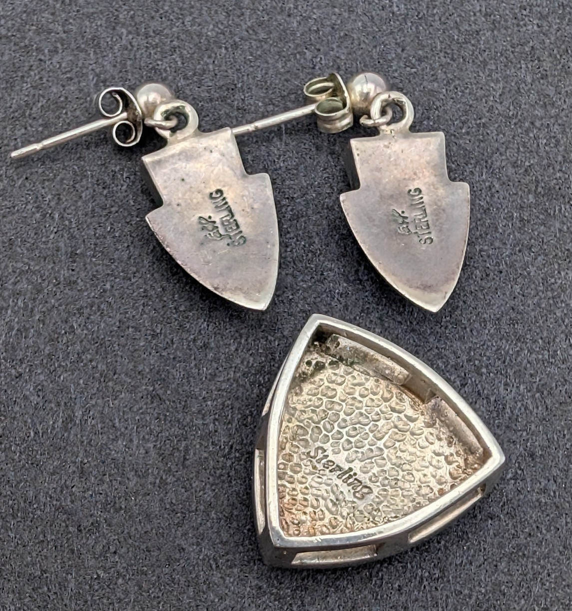 Native American Sterling Silver Inlay Earrings + Pendant Set Tiger Eye Opal Zuni
