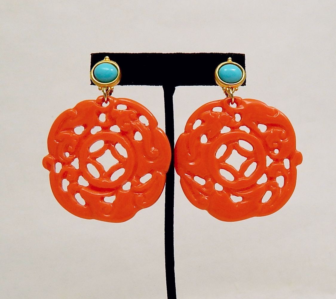 KJL Clip Earring Lot Carved Coral Turquoise White Black Dangles Kenneth J Lane