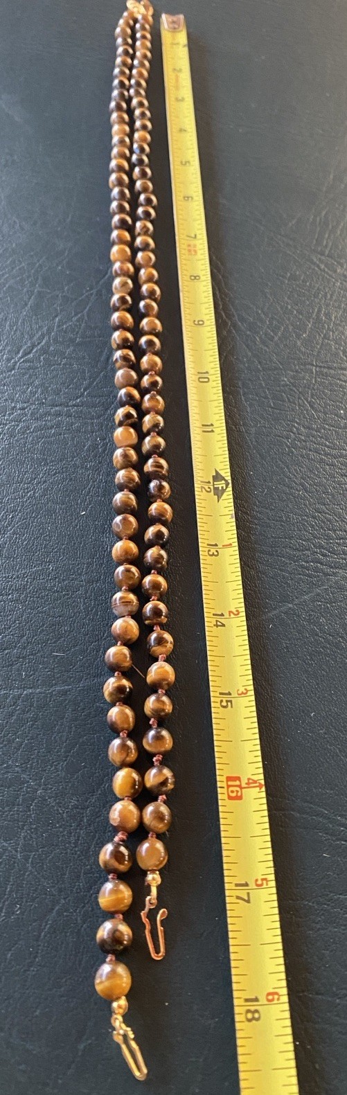 Vintage Tiger Eye Bead 2 Necklaces – 17” & 18” Knotted Stone Gold Tone Clasp