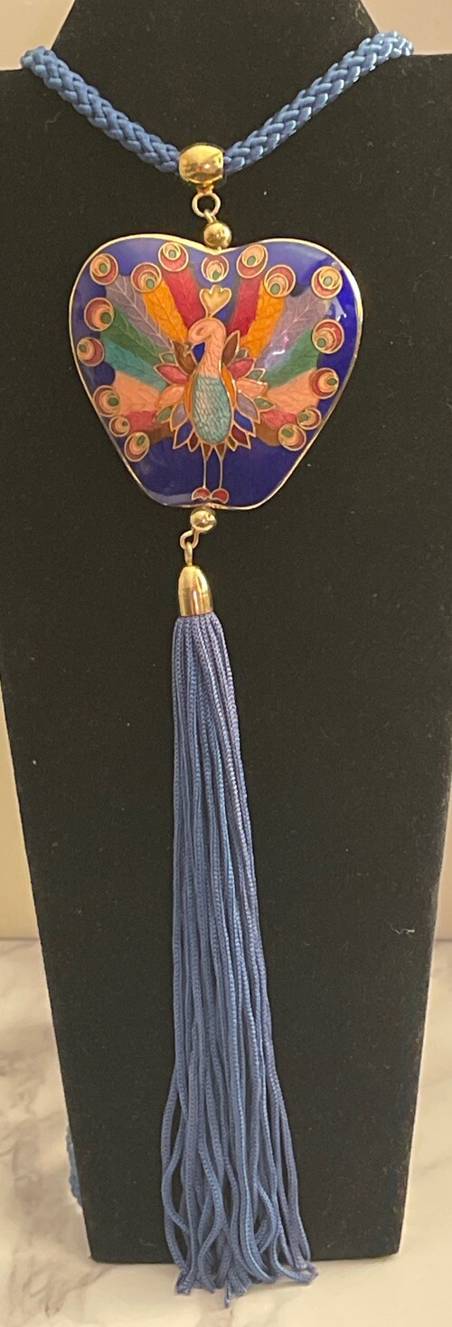 Blue Cloisonne Double Sided Peacock Pendant Necklace Tassel MM-39