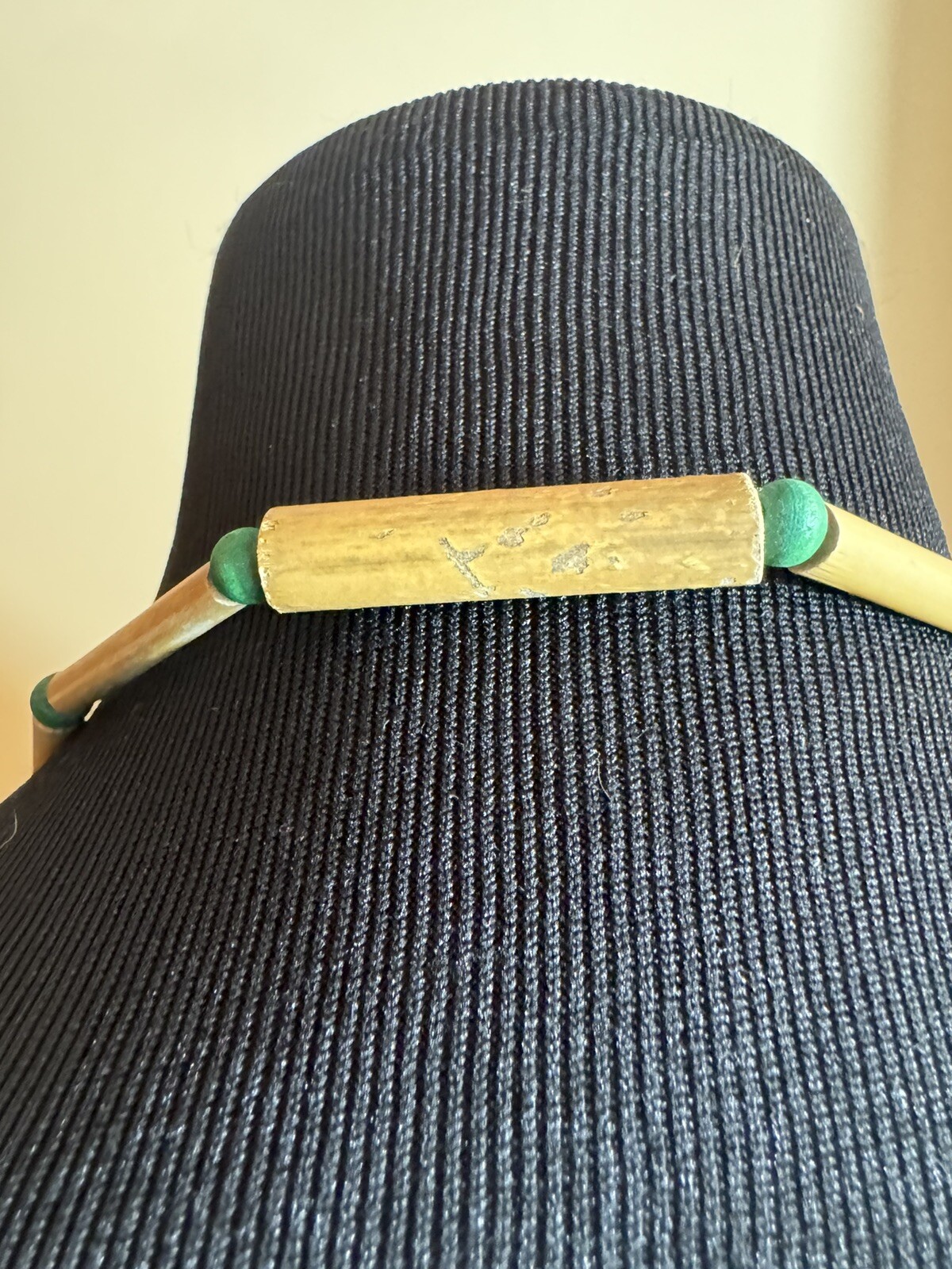 VTG 80s Bamboo Wood Beaded Necklace 32″ Green Brown Tubular Boho Tribal Earthy