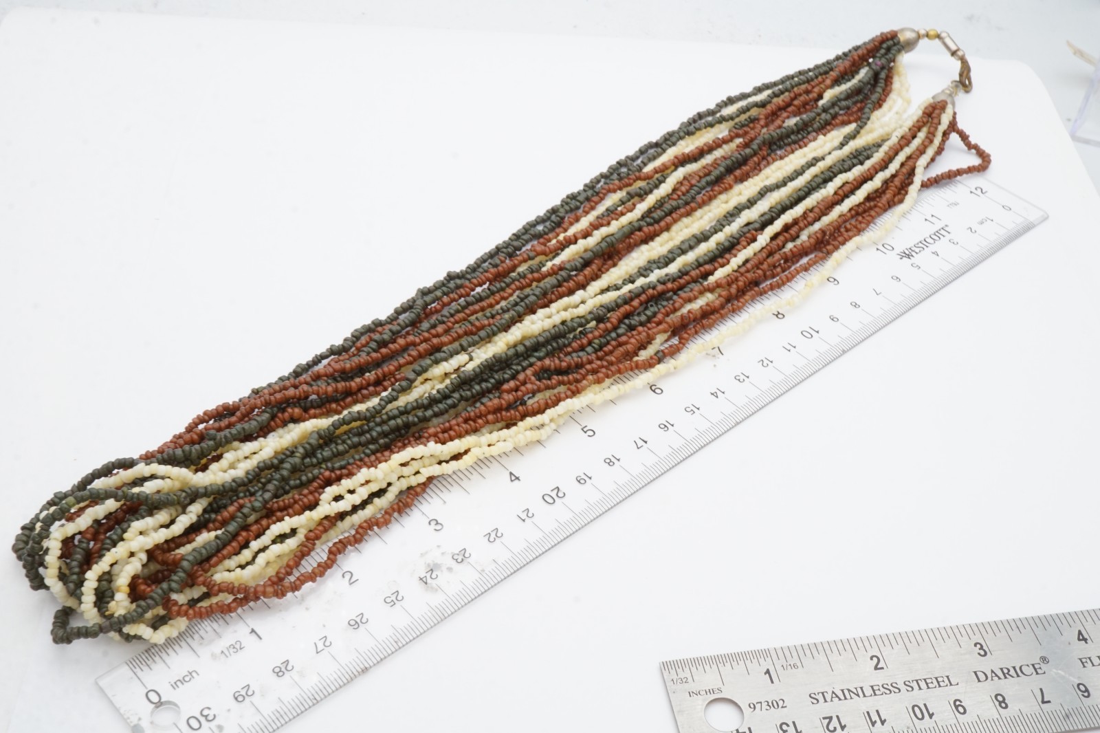 Vintage Necklace Silver Tone White Brown Green Seed Bead 31″