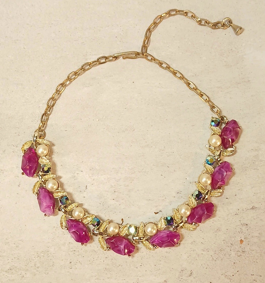 1960s Choker • Purple Lucite Cabochons, Blue AB Stones, And Faux Pearls