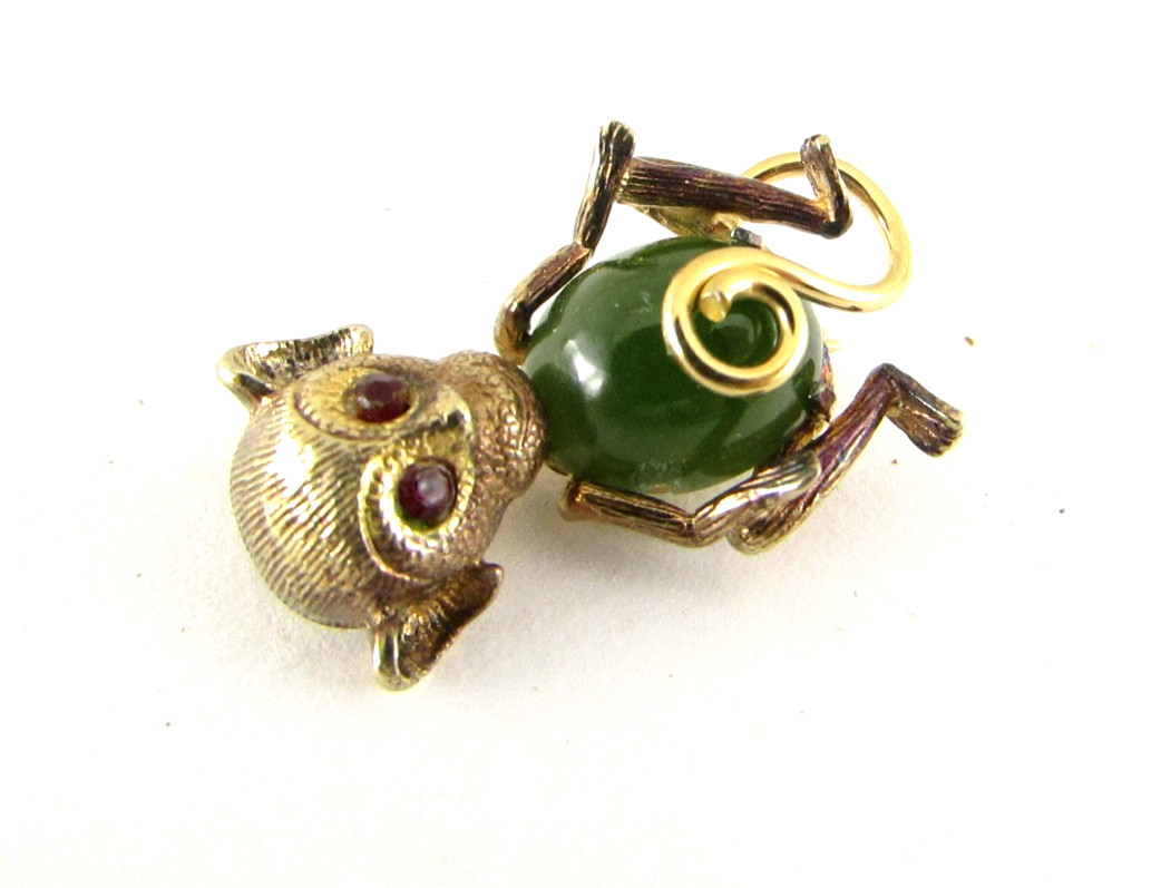 Vintage Estate AC Sterling Silver & Nephrite Jade Brooch Pin Monkey 1”