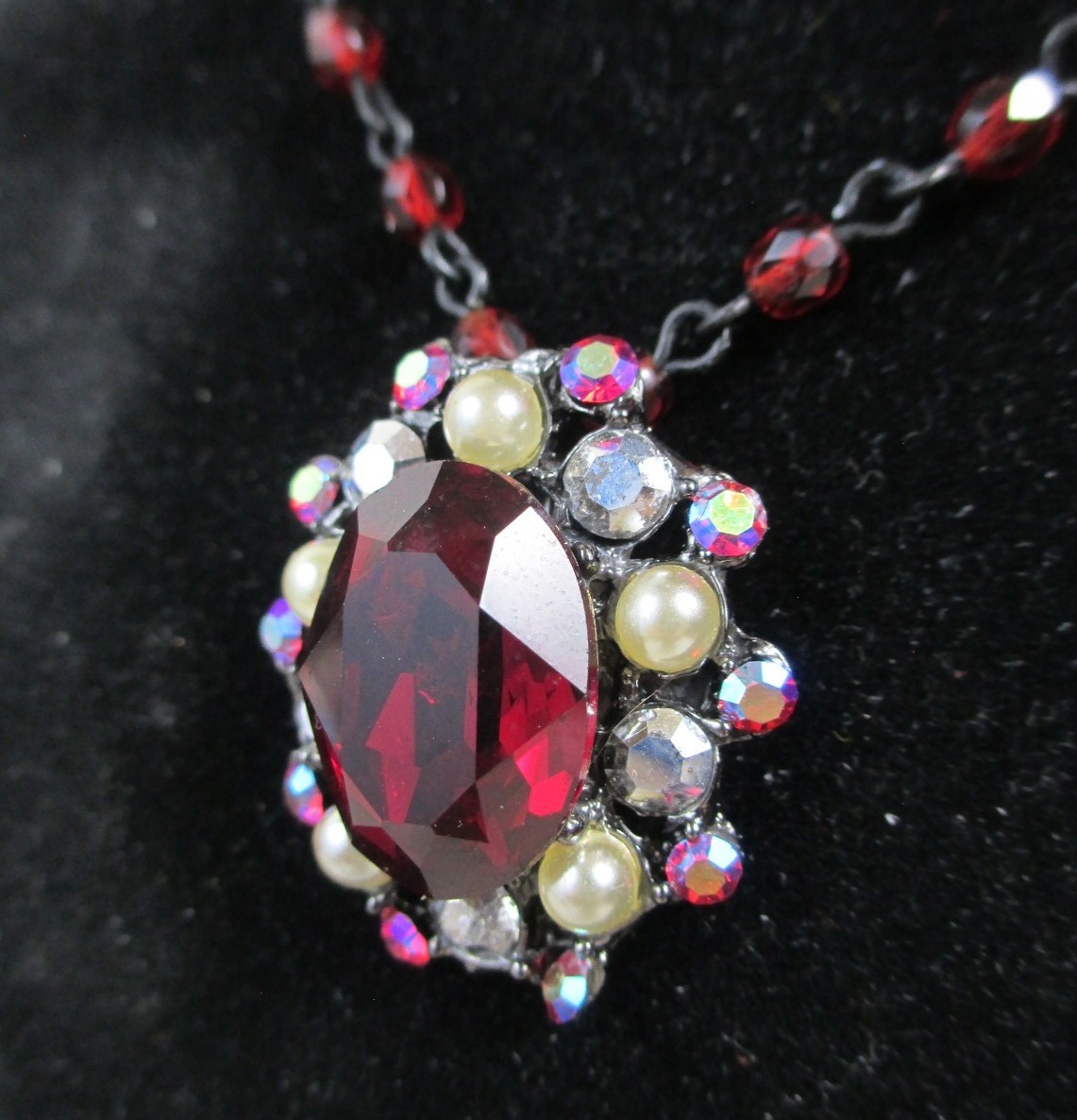 Vintage Ruby Red AB Rhinestone Choker Necklace Tiara Misu Signed Aurora Borealis