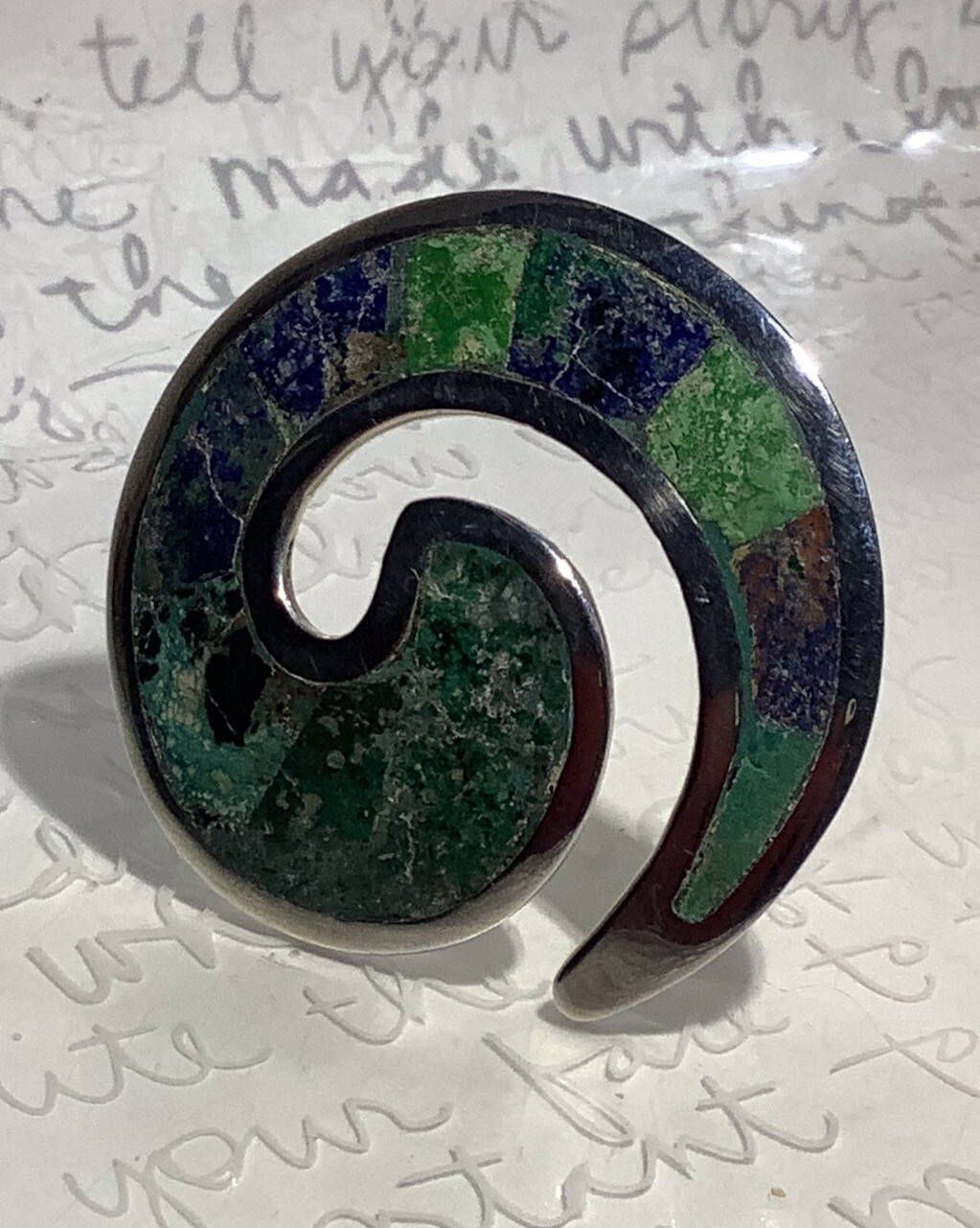 Modernist LOS CASTILLO Handmade 925 Ster Azurite Mosaic Aztec Swirl Brooch 10.5g