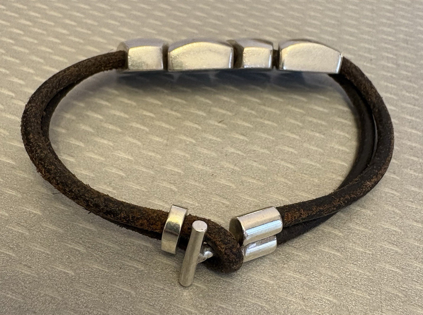 925 Taxco Mexico Modernist Sterling Silver Chunk Bracelet Leather Cord Toggle