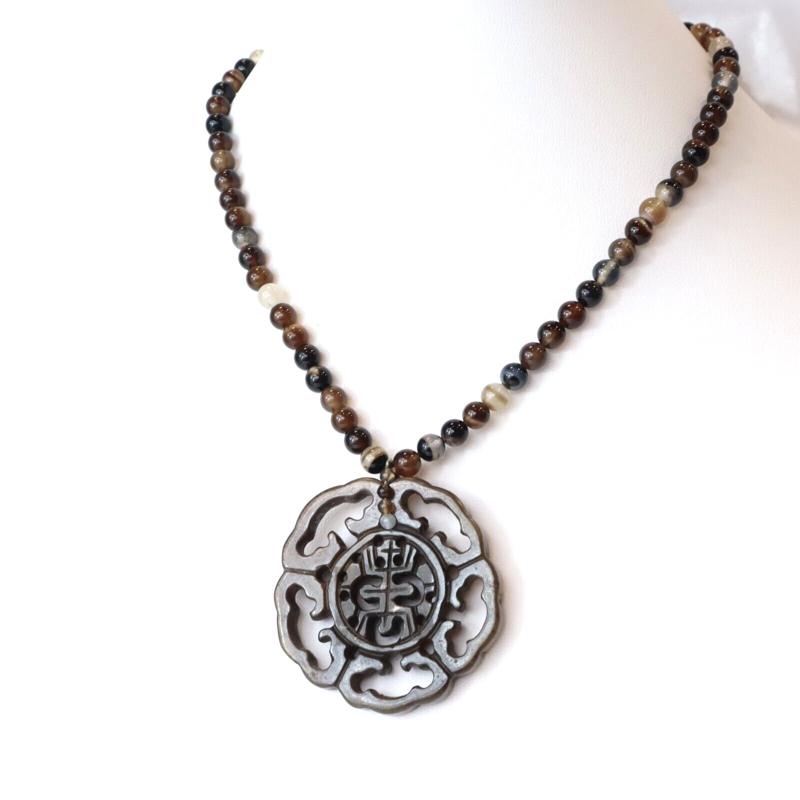 Vintage Chinese Export Hardstone Jade Carved Jade Tigers Eye Jasper Necklace