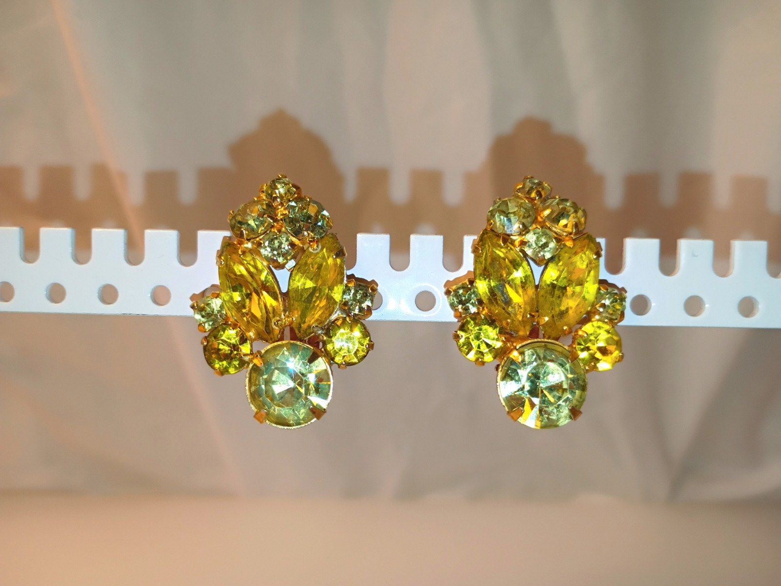 La Roco Rhinestone Vintage Clip Earrings Yellow w Gold Filled Metal