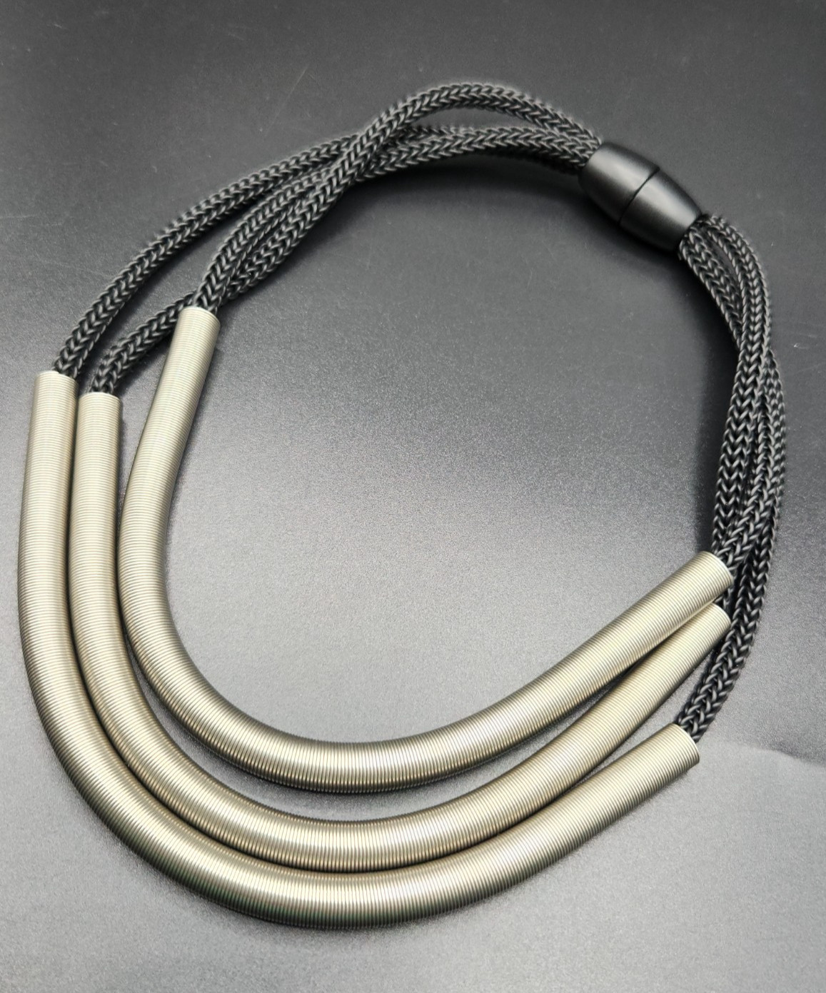 Modernist Multi Strand Black Mesh Woven Cord Necklace With Silver Tone Tubes