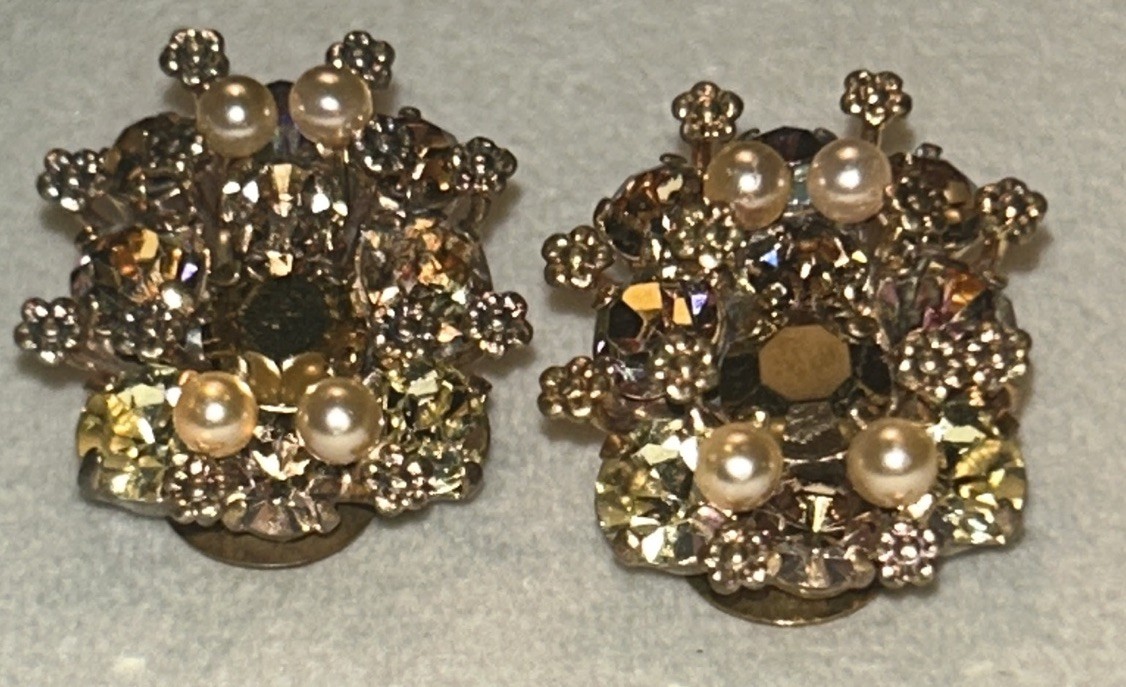 Vintage Austria Bronze Rhinestone & Pearl Cluster Earrings Clip On AB Crystal 1”