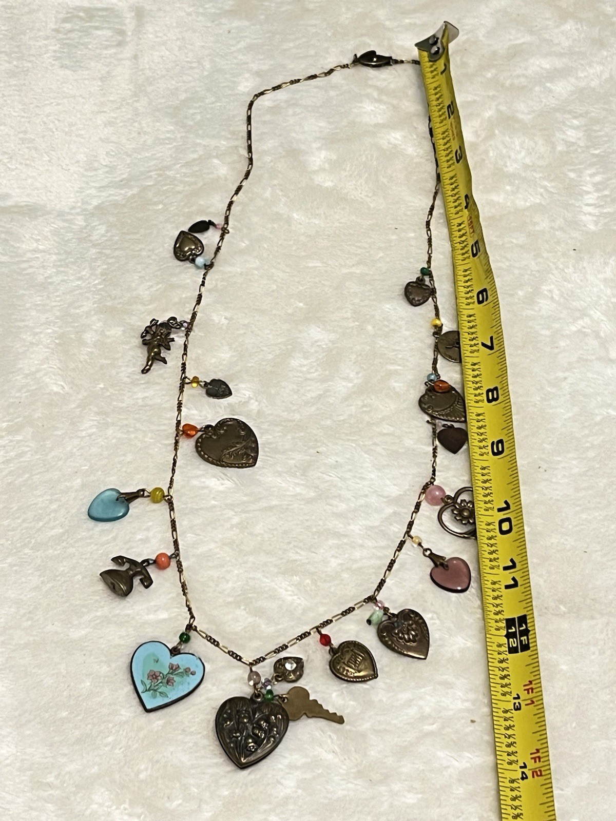 VTG GLASS WORKS STUDIO 19 Charms 29″ Long Bronze Necklace Hearts Lie Detector