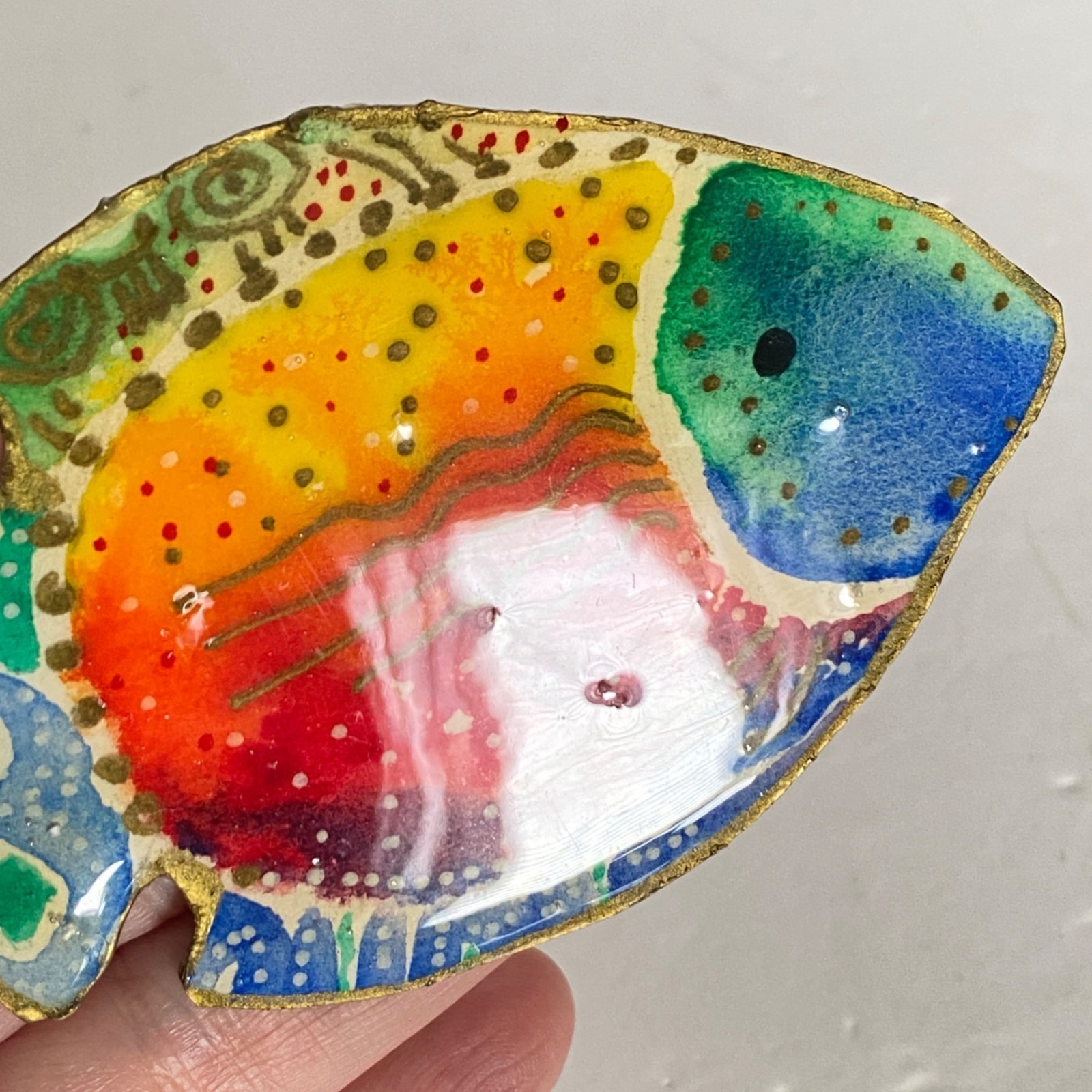 DJB Colorful Fish Watercolor Hand Painted Gold Rim Resin Pin Brooch 3x2in