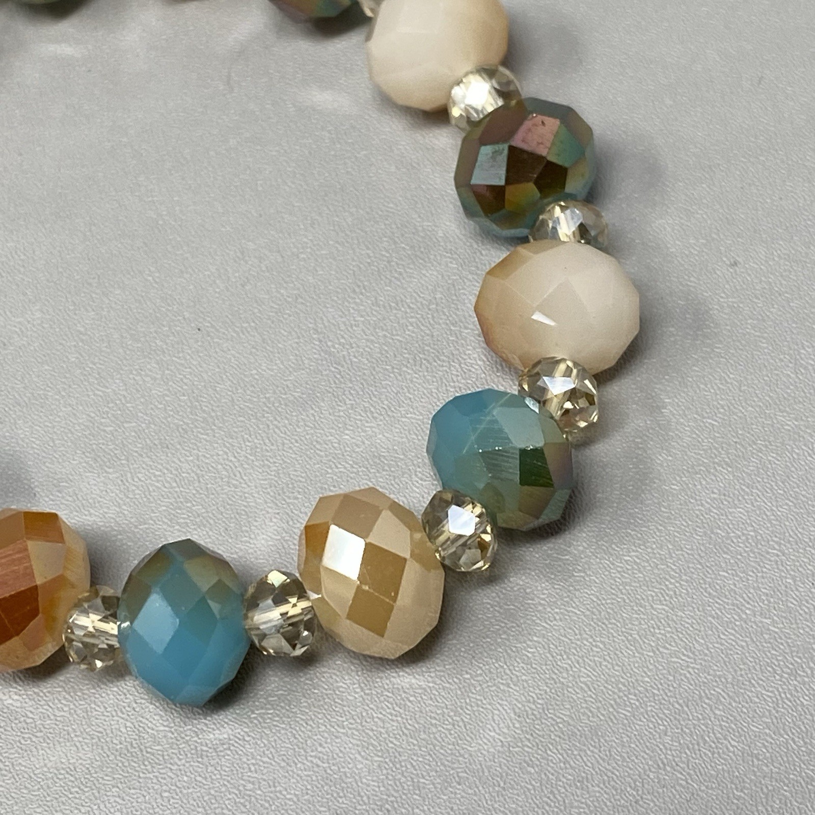 Glass Beaded Bracelet Blue Cream Gold Faceted Fire Polished Stretch Elastic 7″