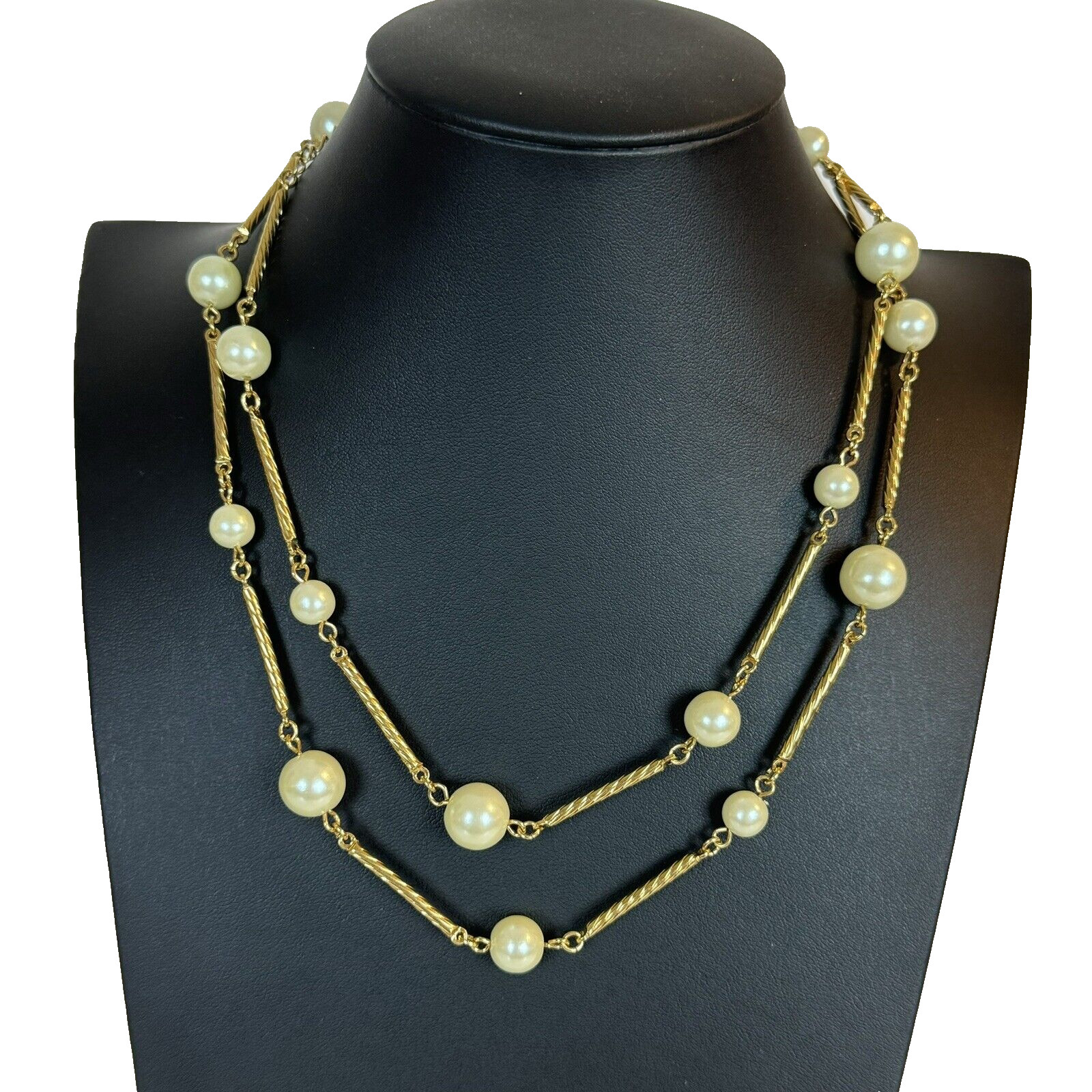 Vintage Avon Station Necklace Faux Pearls Twisted Bar Link Gold Tone Long