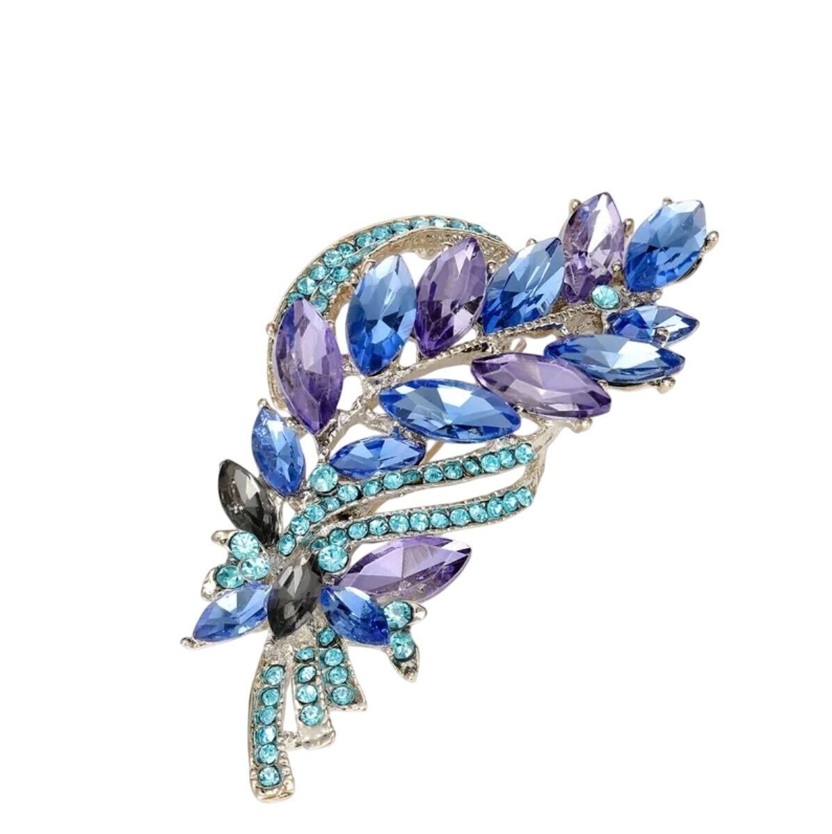 Elegant Blue & Violet Flower Wheat Crystal Brooch Pin Silver Tone