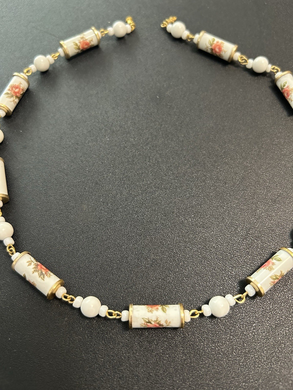 Vintage Porcelain Necklace with A Gold-tone Finish and Floral Accents. See Pics