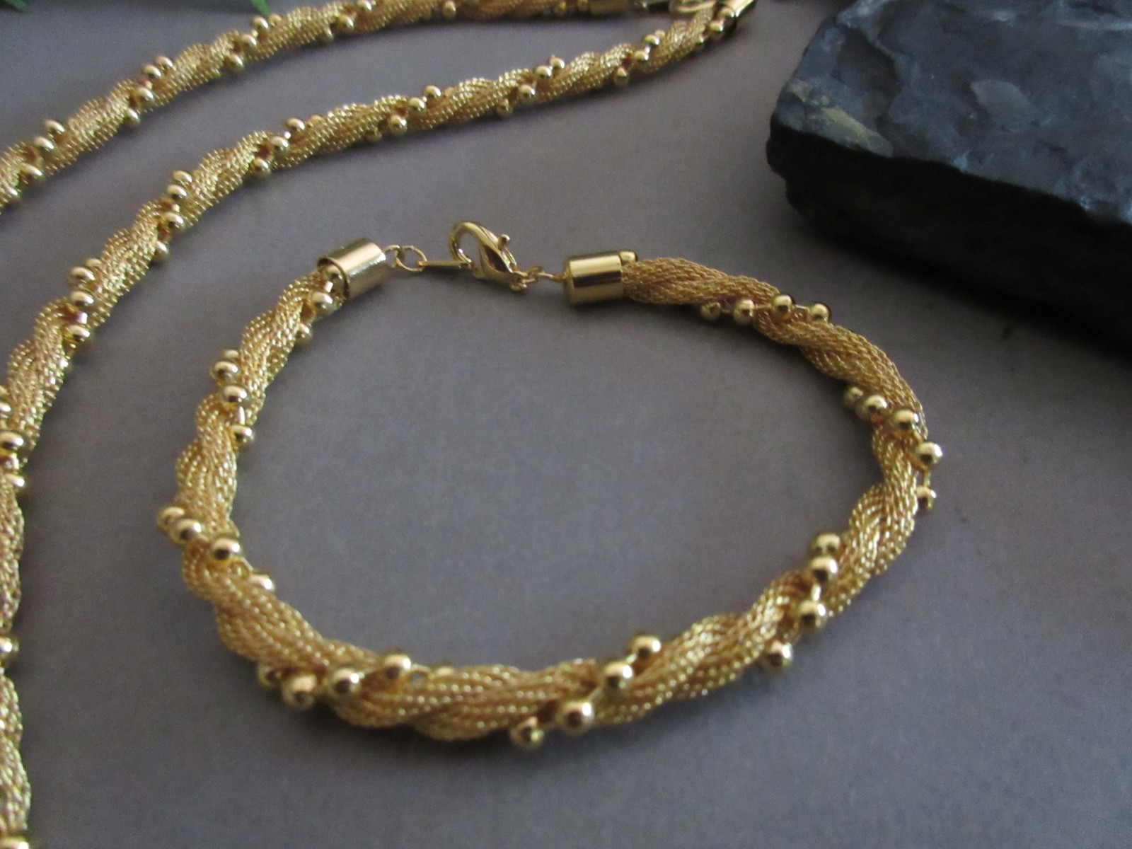 Vintage Gold Tone Twisted Mesh Rope Beaded Necklace & Bracelet Set