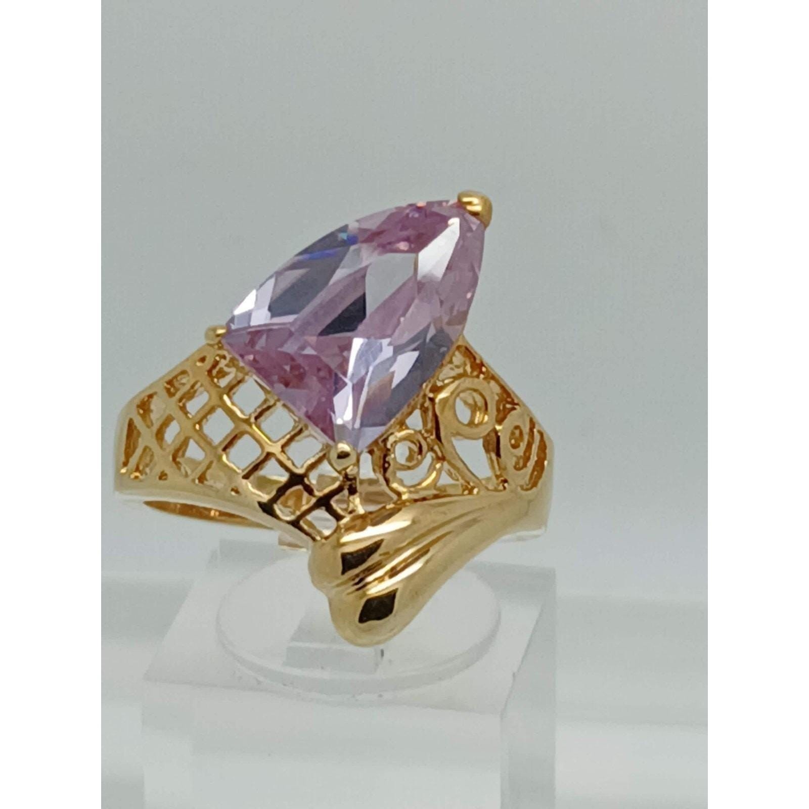 Vintage 1990s Bold Gold Tone Purple Lilac Statement Ring New-Old-Stock Size 8