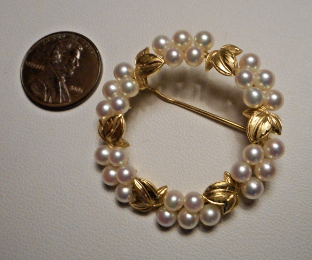 Early Signed K Mikimoto Tokyo 14K Gold Cultured Pearl Leafy Circle Brooch 10.4g