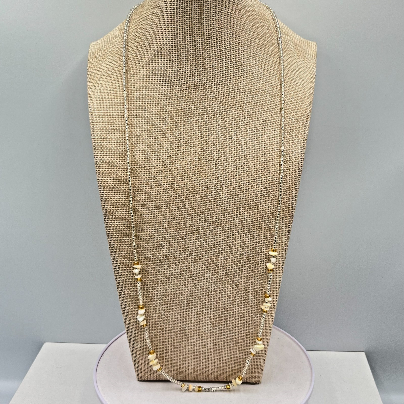Vintage Earthy Seed Bead & Shell Chip Necklace Cream Amber Tone Boho Strand