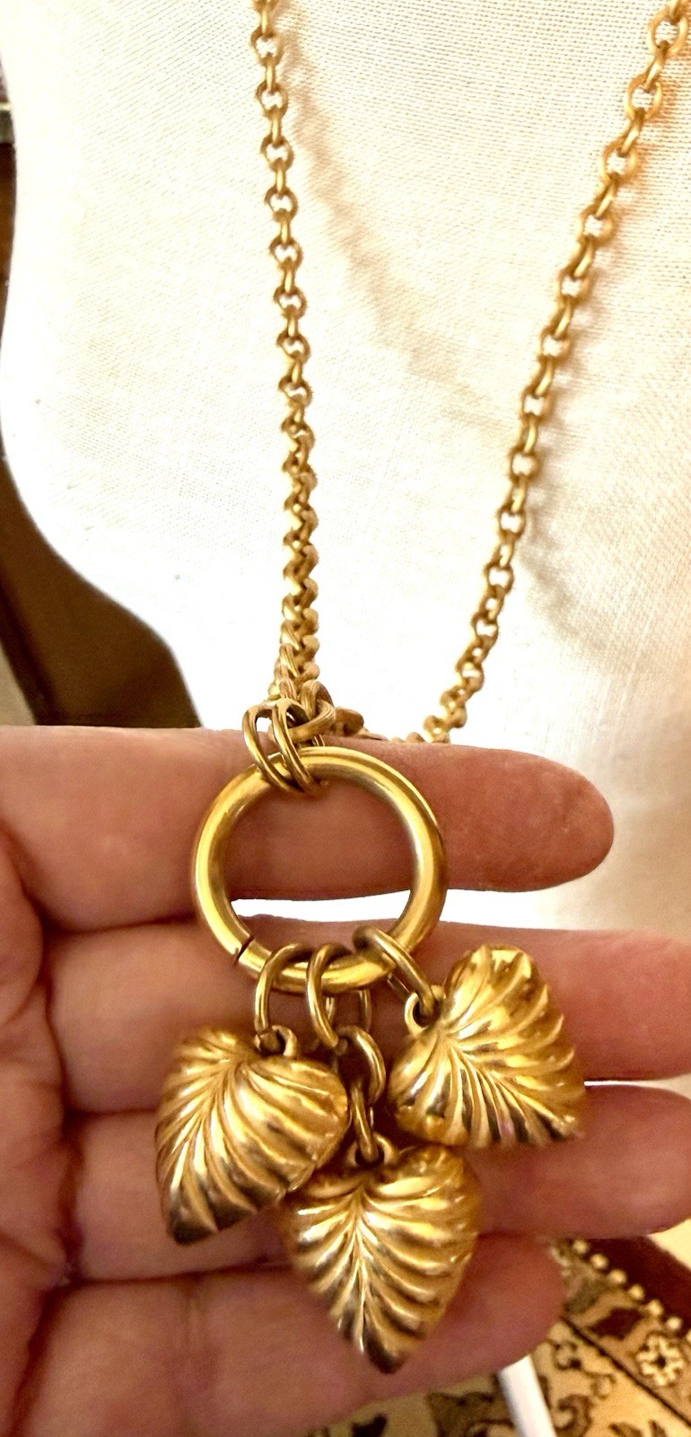 Vintage Anne Klein Gold Tone Triple Heart Charm Necklace Toggle Chain Statement