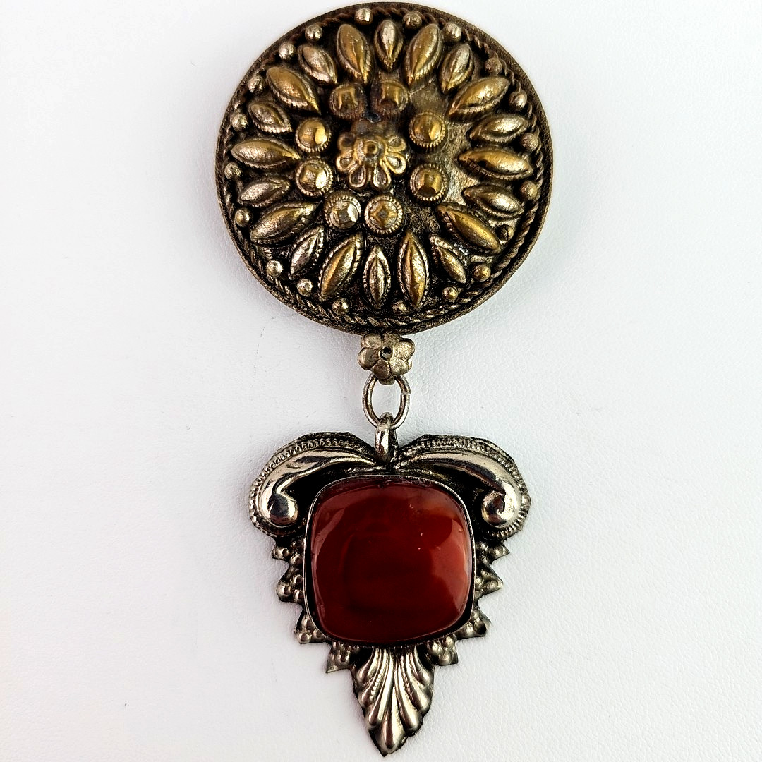 Vintage Ethnic Style Dangle Brooch Silver Tone Glass Cabochon 1930s to 1950s