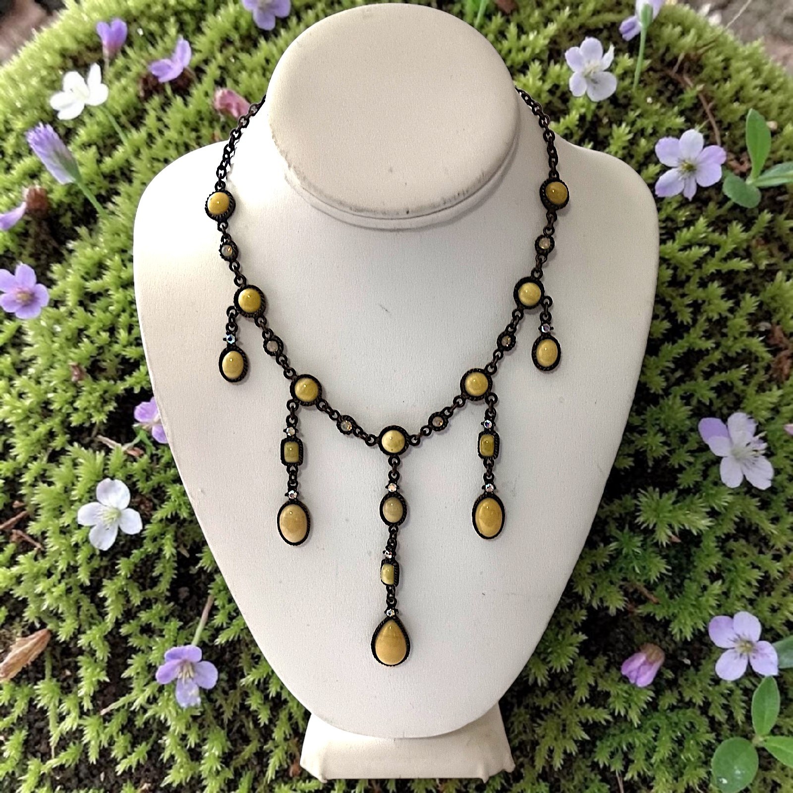 Vtg 90s Chandelier Bib Necklace Statement Egg Yolk Cabochon Art Nouveau Collar