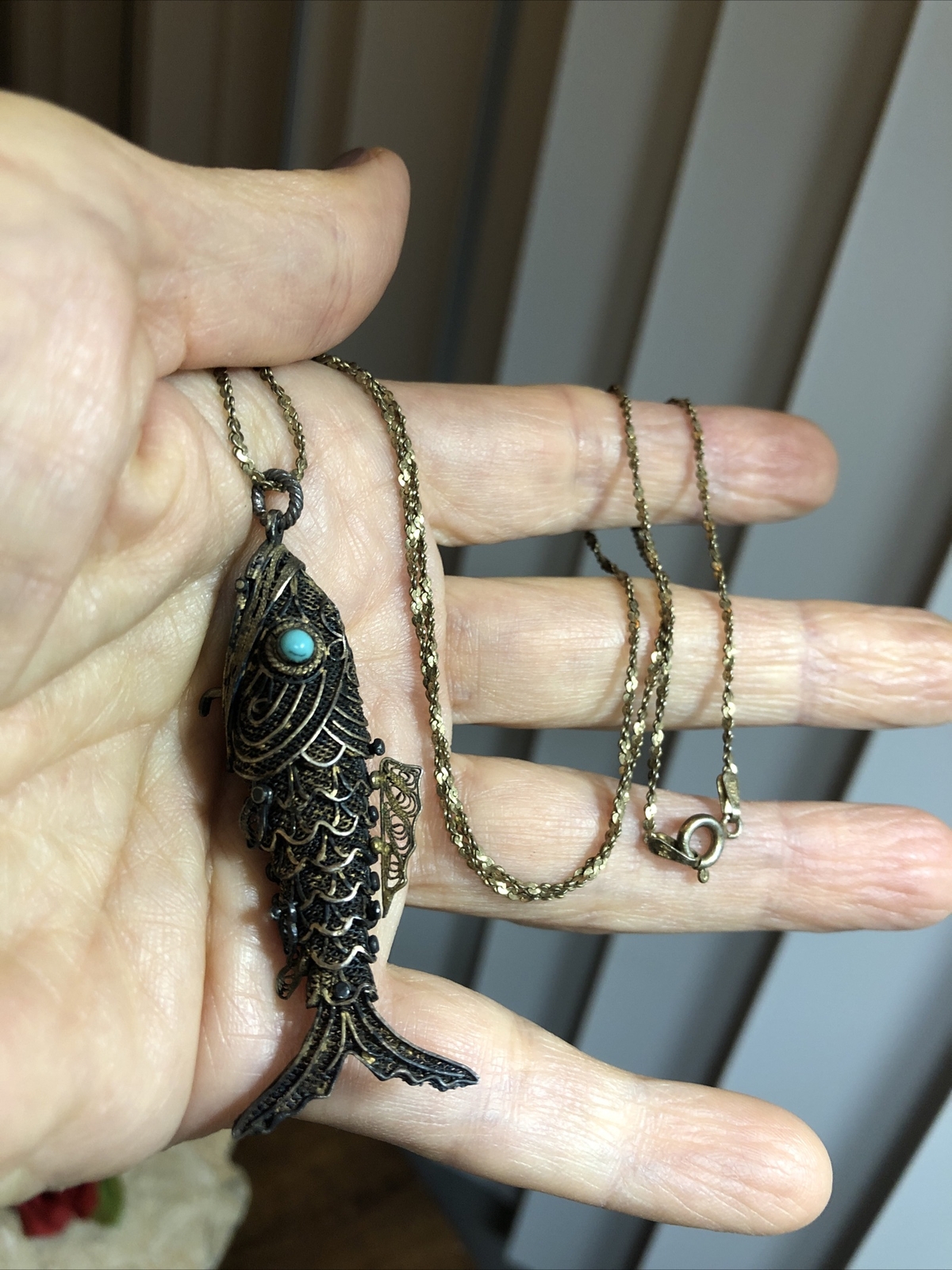 925 Sterlind Cannetille Turquoise Eyed Articulated Fish Locket Pendant Necklace