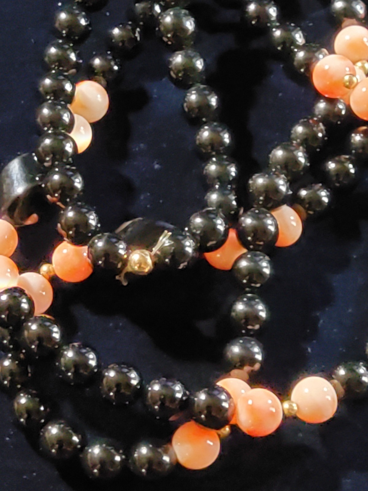 Vtg Black Onyx And Pink Angel Skin Coral Art Deco Necklace / 14kt Gold Fill…