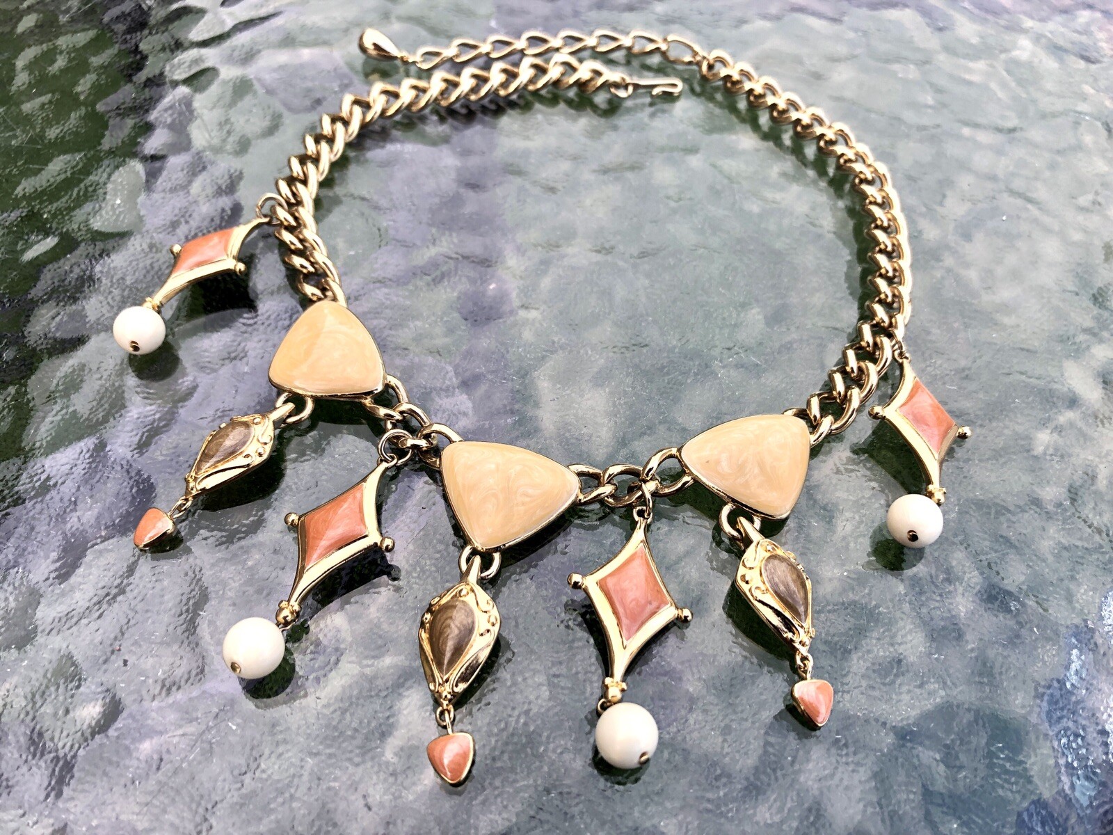 Vintage Trifari Gold Cream Tan Orange Enameled Drop Necklace