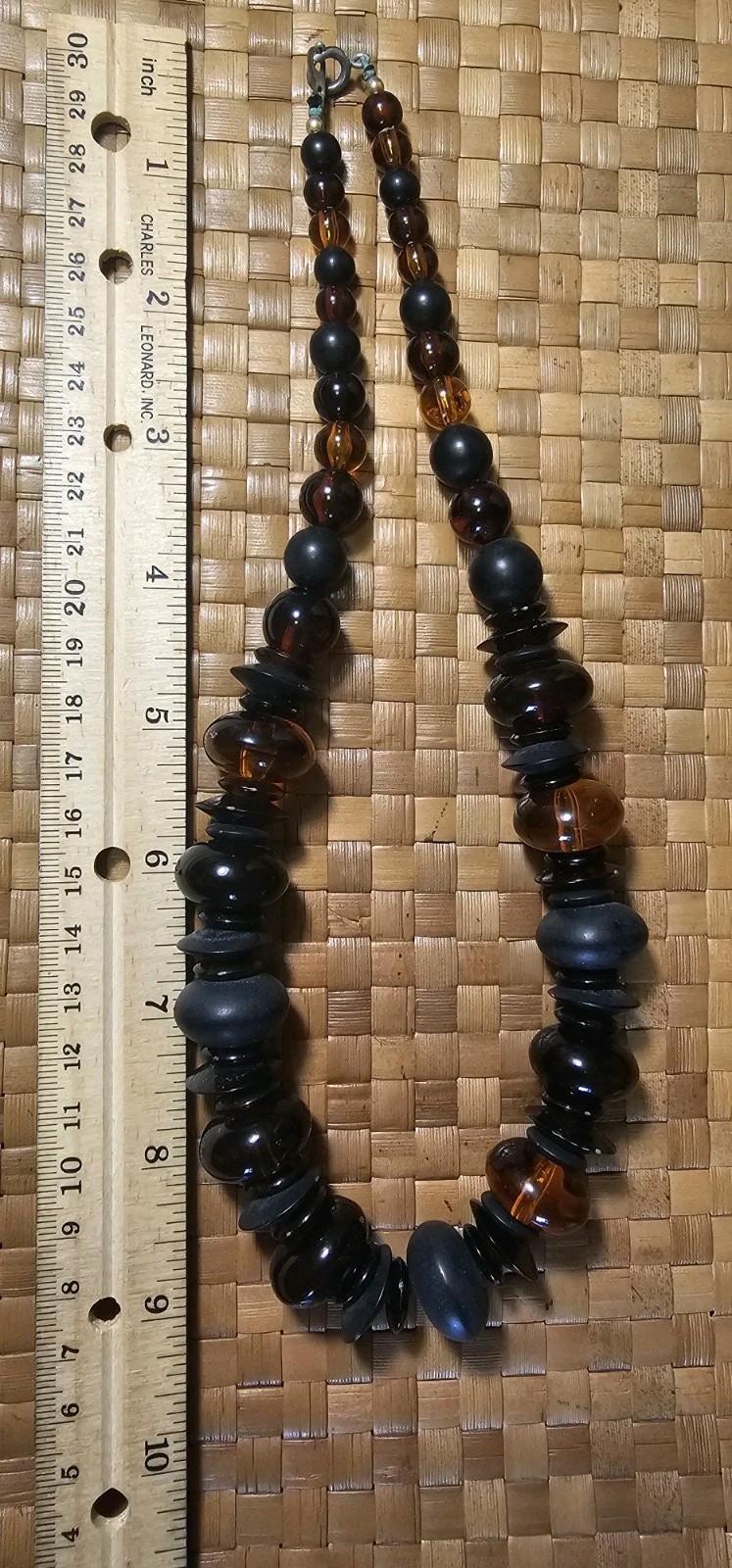 Vintage Lucite Amber And Black Beaded Different Shapes Necklace