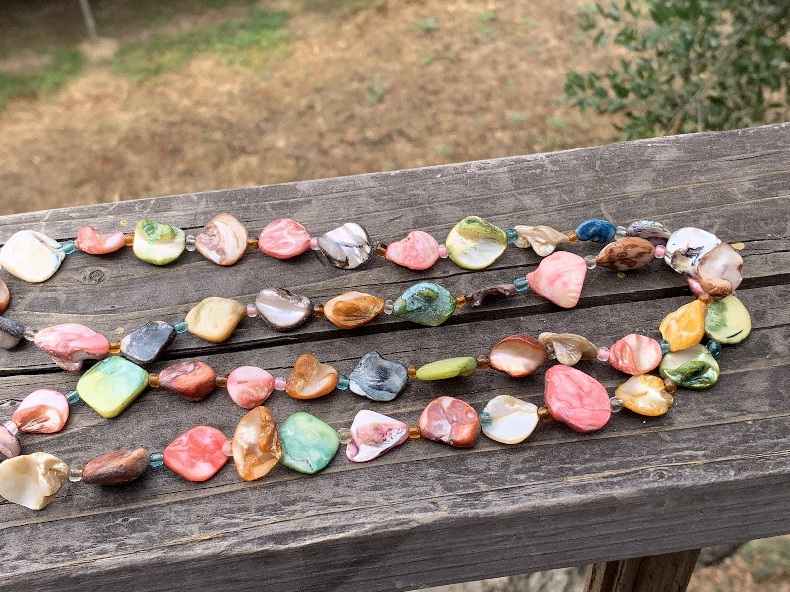Vintage Necklace Lot-3 Mother of Pearl Green Chips & White Stones w-Purple Beads