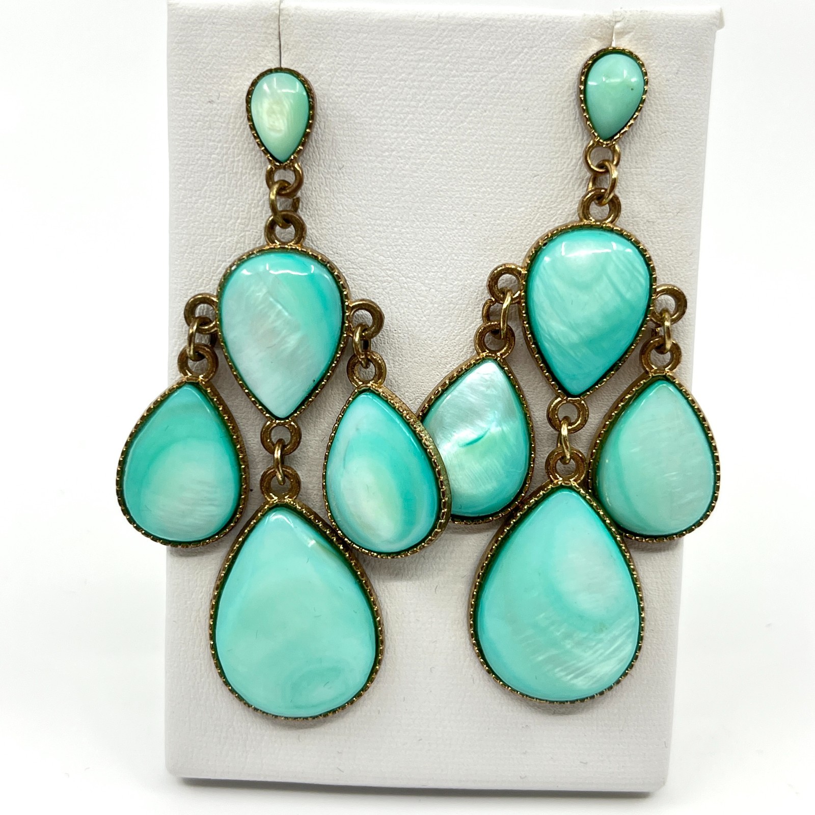 Vintage Boho Gold Tone Teal Faux MoP Teardrop Chandelier Blue Dangle Earrings