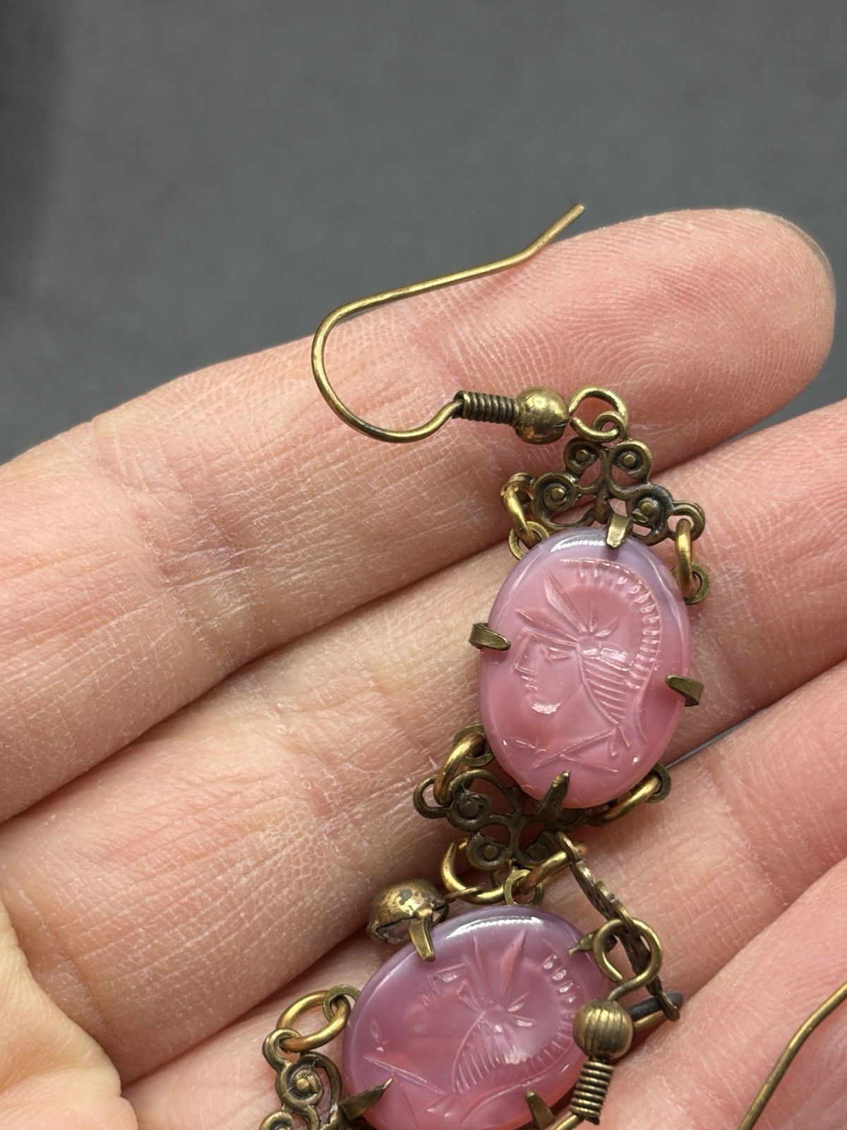 Glass Works Studio Earrings Pink Cameo Knight Dangles Openwork Gold Tone 2”