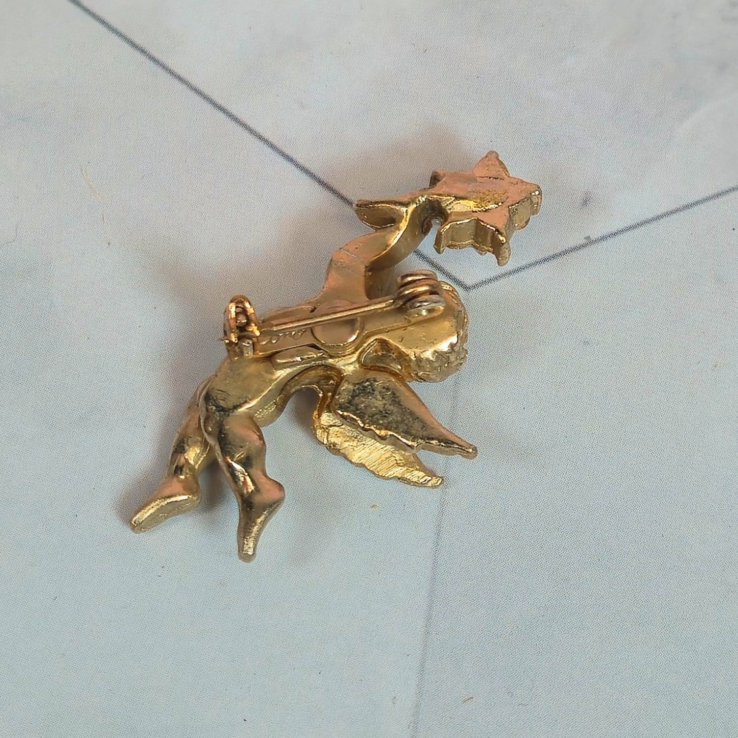 Vintage Coro Angel Brooch Gold Tone glass Rhinestone Flower cherub Mini pin