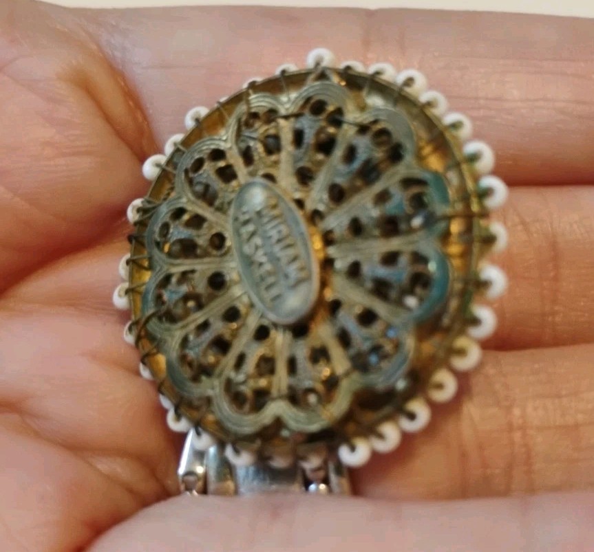 Vtg MIRIAM HASKELL BROOCH BAROQUE, Pearl/Rhinestones Signed, No Pin On Back