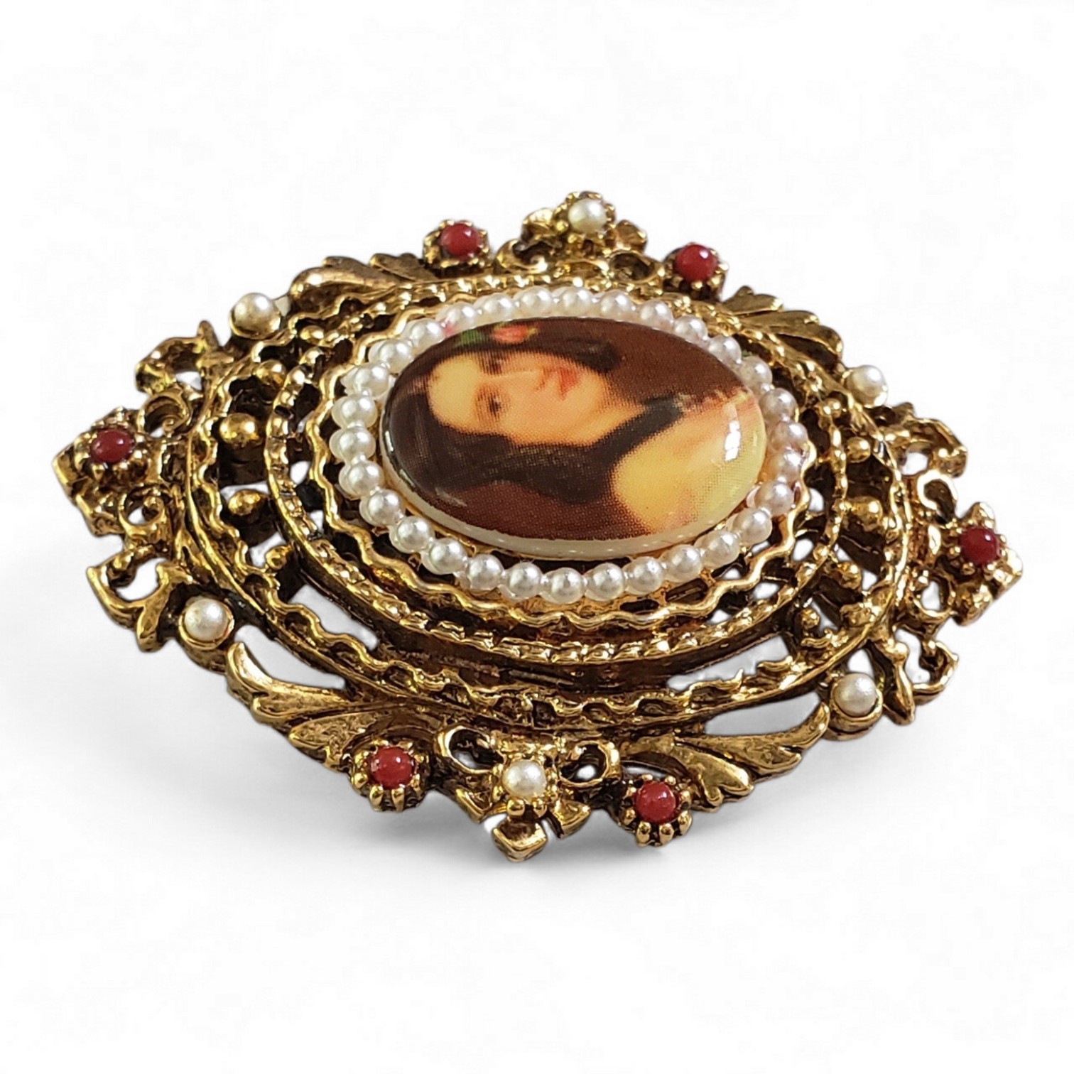 Vintage ART Lady Portrait Brooch Victorian Revival Filigree Pearls