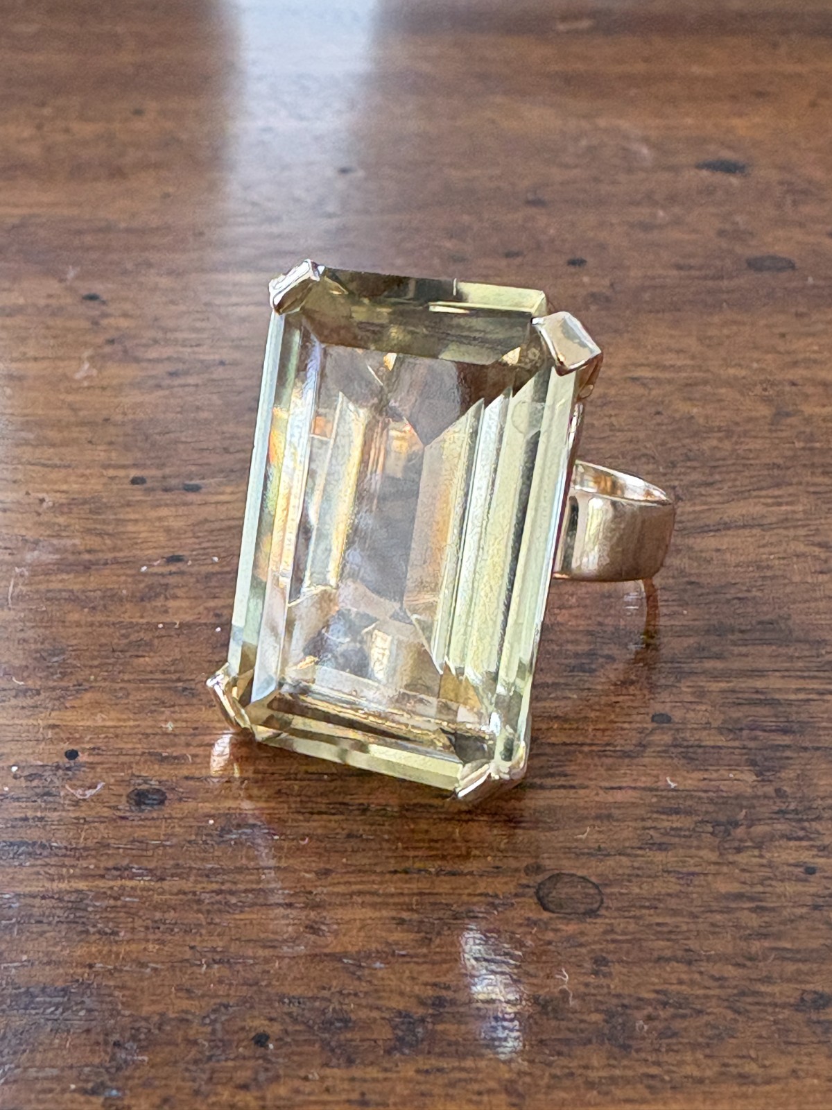 Vintage 18k Gold Large Emerald Cut Quartz Cocktail Ring 13.77g Statement Ring